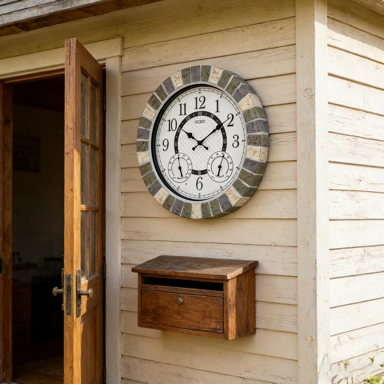 OCEST 18-pulgadas reloj exterior impermeable termómetro higrómetro luz nocturna silencioso sin tictac