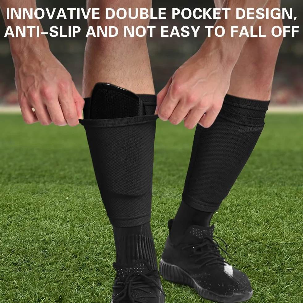 flintronic Espinilleras de Fútbol para Niños, Calcetines con Mangas Altas Elásticas, Doble Capa