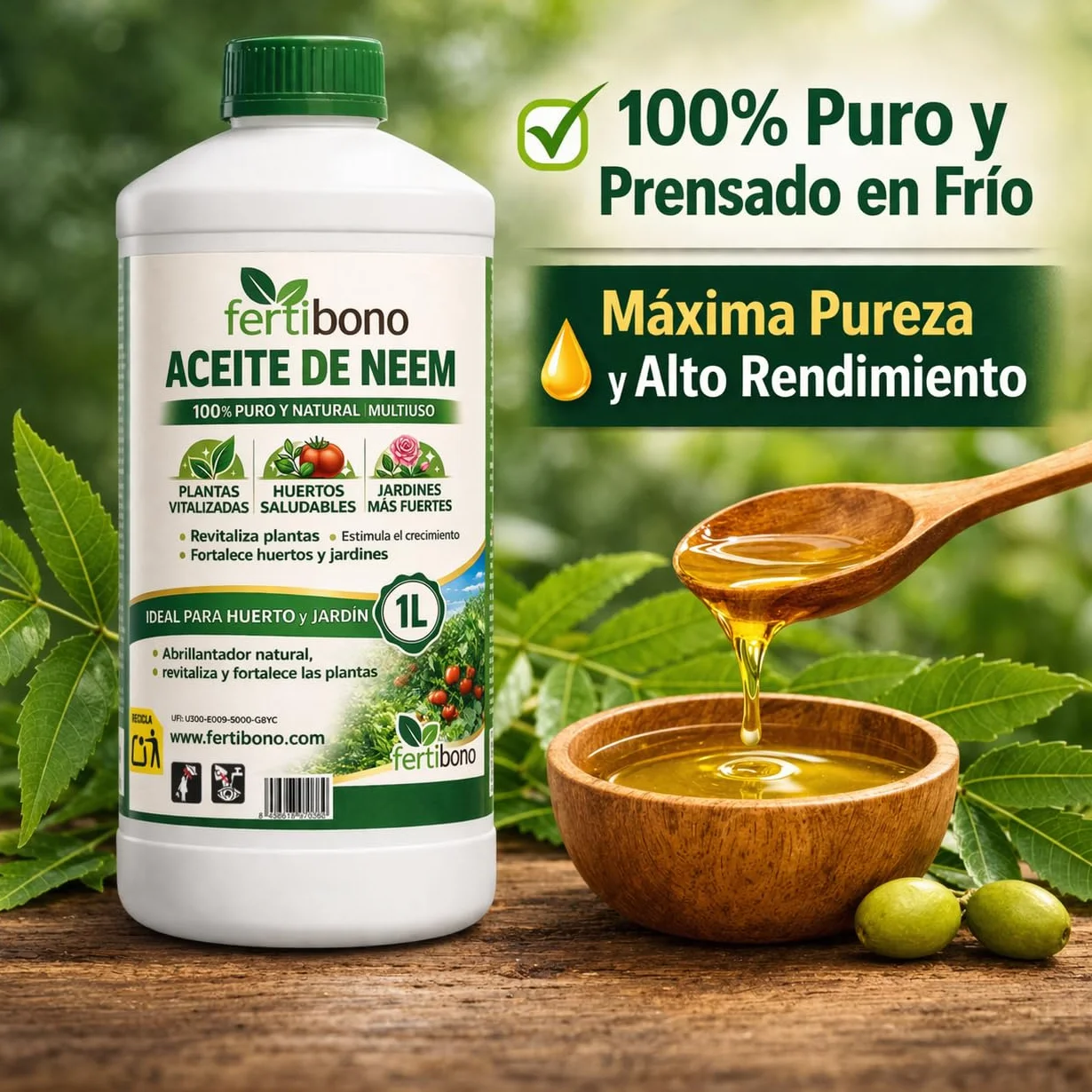 FERTIBONO Aceite de Neem 100% Puro, 1 L, Prensado en Frío, Multiusos para Plantas, Huerto y Jardín