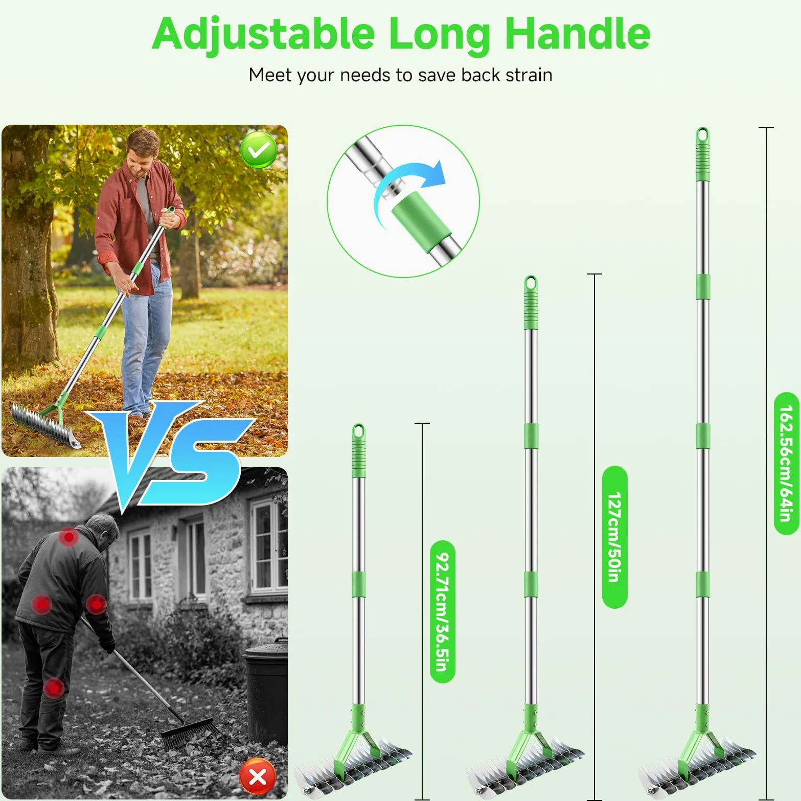 Rastrillo de paja para césped, rastrillos de jardín con mango ajustable de 160 cm con 21 dientes, rastrillo de jardín de 32 cm de ancho, resistente, rastrillos de césped para aflojar el suelo, césped