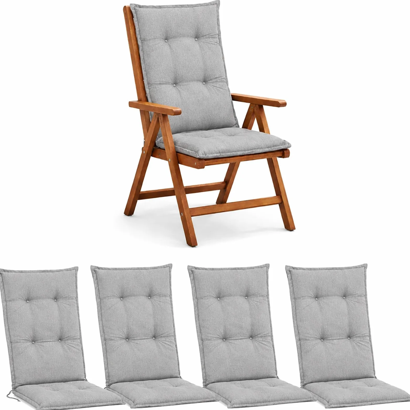 BURI 4 cojines para silla de jardín de 117 x 49 x 6 cm, resistente a la intemperie, con núcleo de espuma y vellón completo, cinta de sujeción y lazos, cómodo cojín para silla para balcón, terraza y