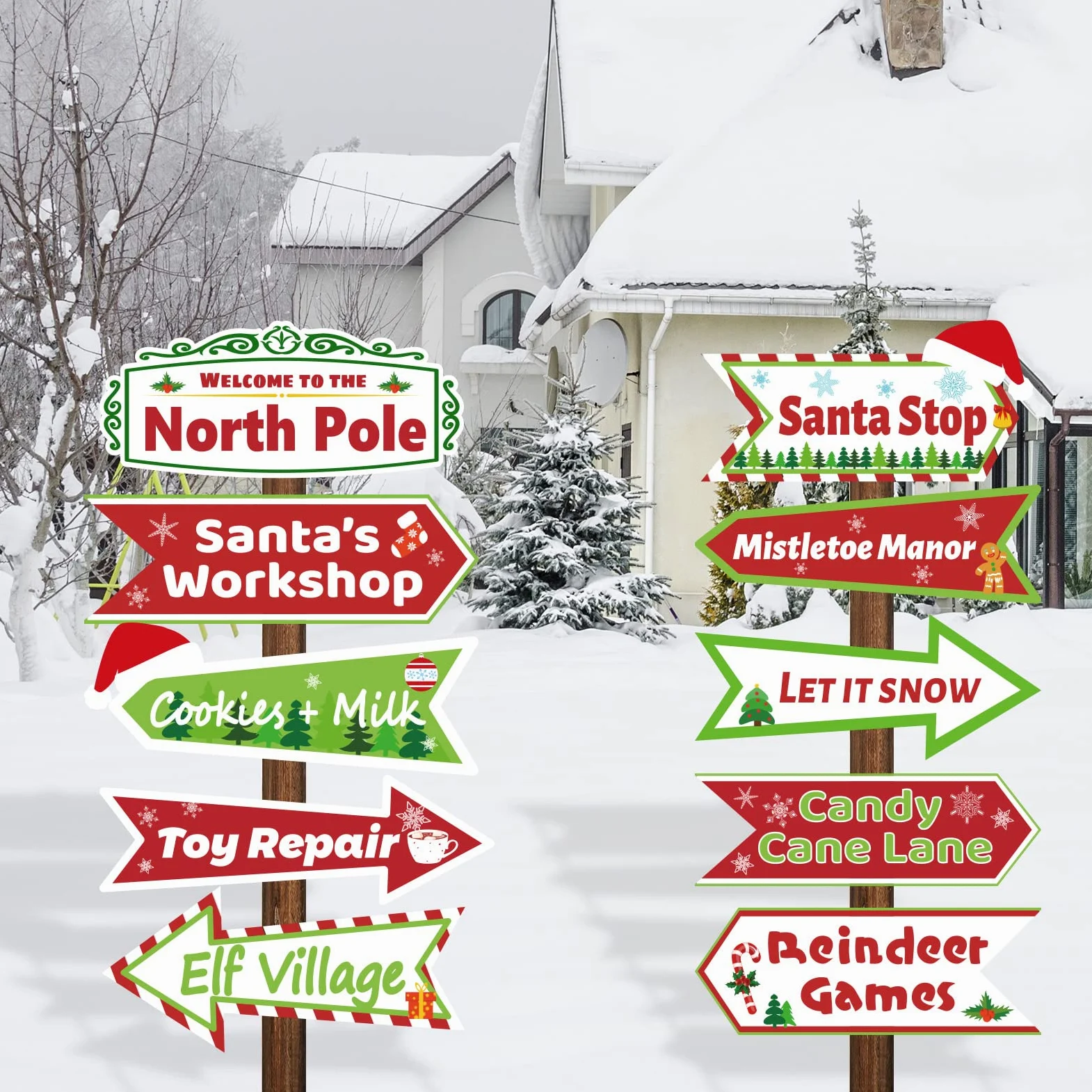 10 letreros de patio del Polo Norte, decoración al aire libre para Navidad, invierno, vacaciones, arte de Papá Noel, taller, patio, césped, letrero y «Let It Snow», con estacas para decoración del