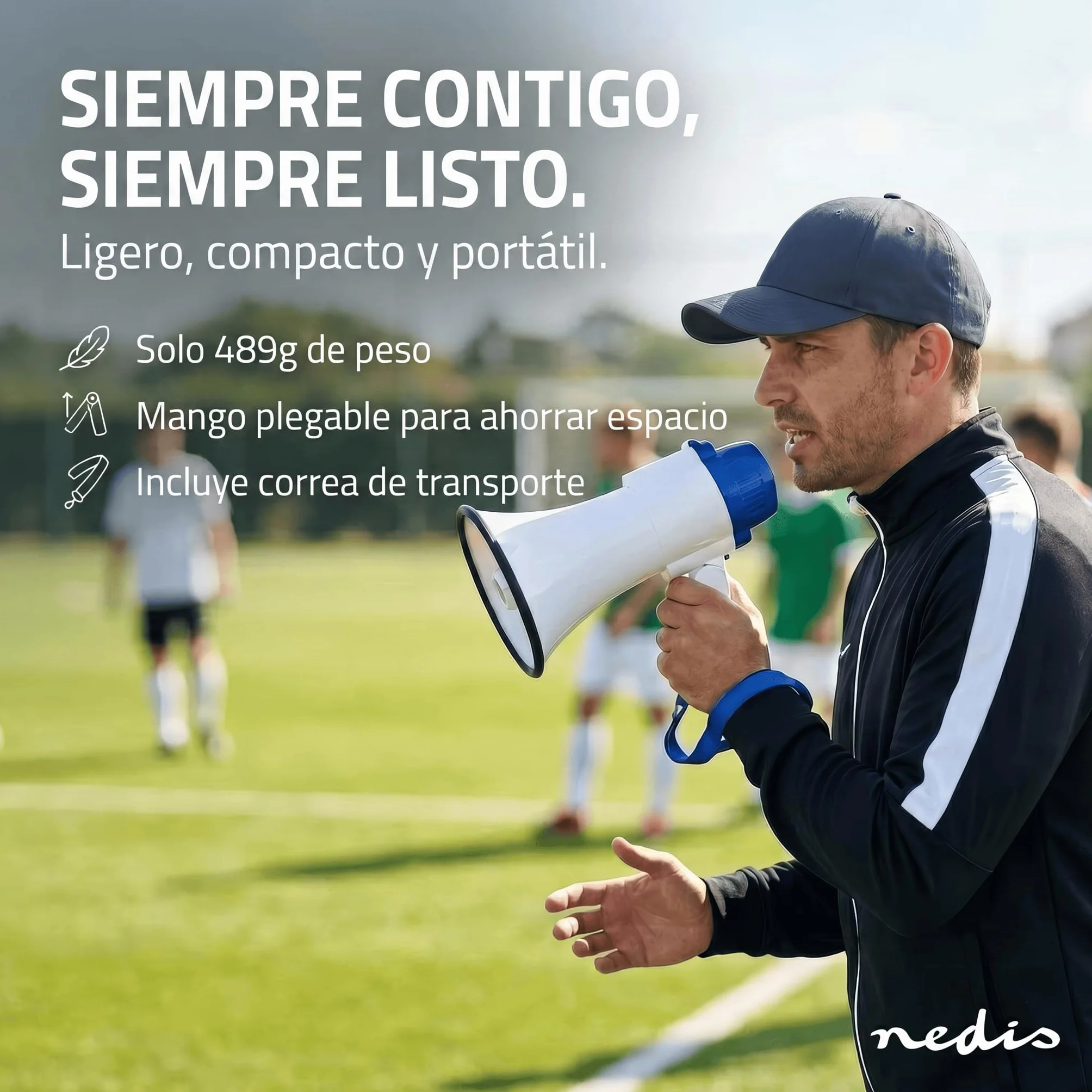 Nedis megáfono 250 m 150 dB blanco azulado con correa y micrófono incorporado sirena grabación