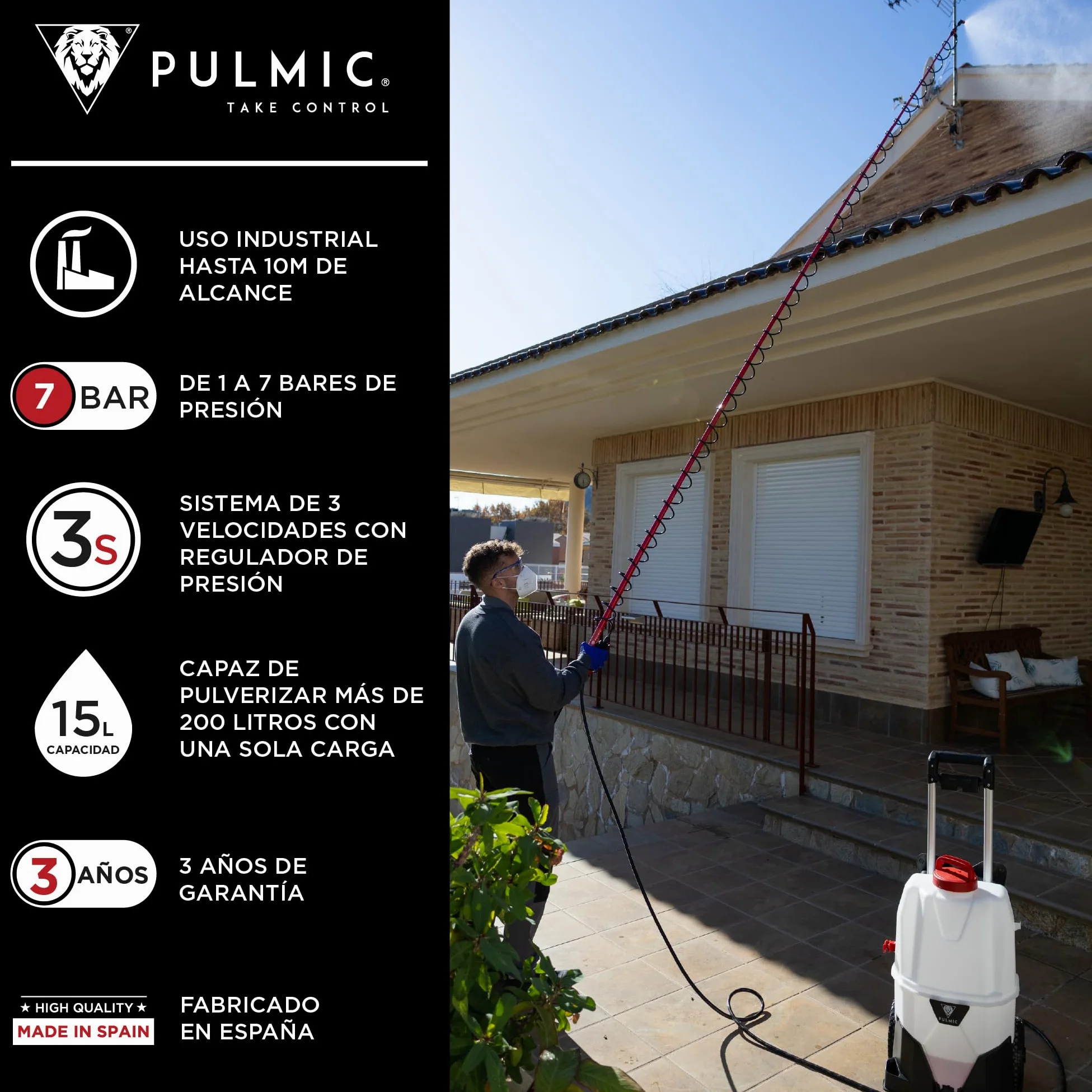 Pulmic Pulverizador a Presión Eléctrico Industrial 35L, 2 Baterías Litio 18V, 7 Bares, 3 Velocidades, Manguera 6M, Boquillas Rápidas, Pulverizador Químicos, Limpieza Tejados, Fachadas y Superficies