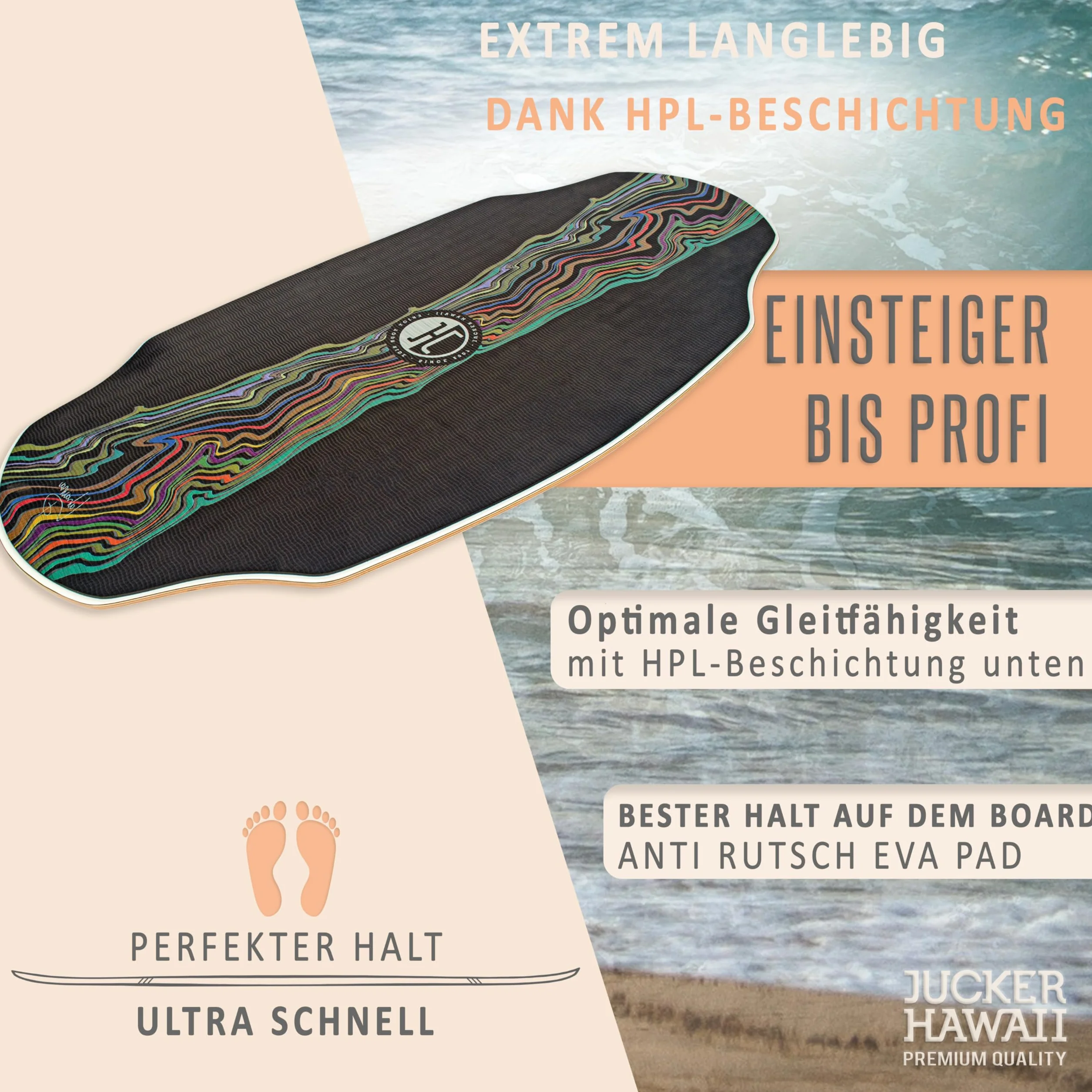 JUCKER HAWAII Skimboard HPL Lahaina Pro Tabla de esquí profesional con revestimiento HPL de doble cara y capa antideslizante EVA