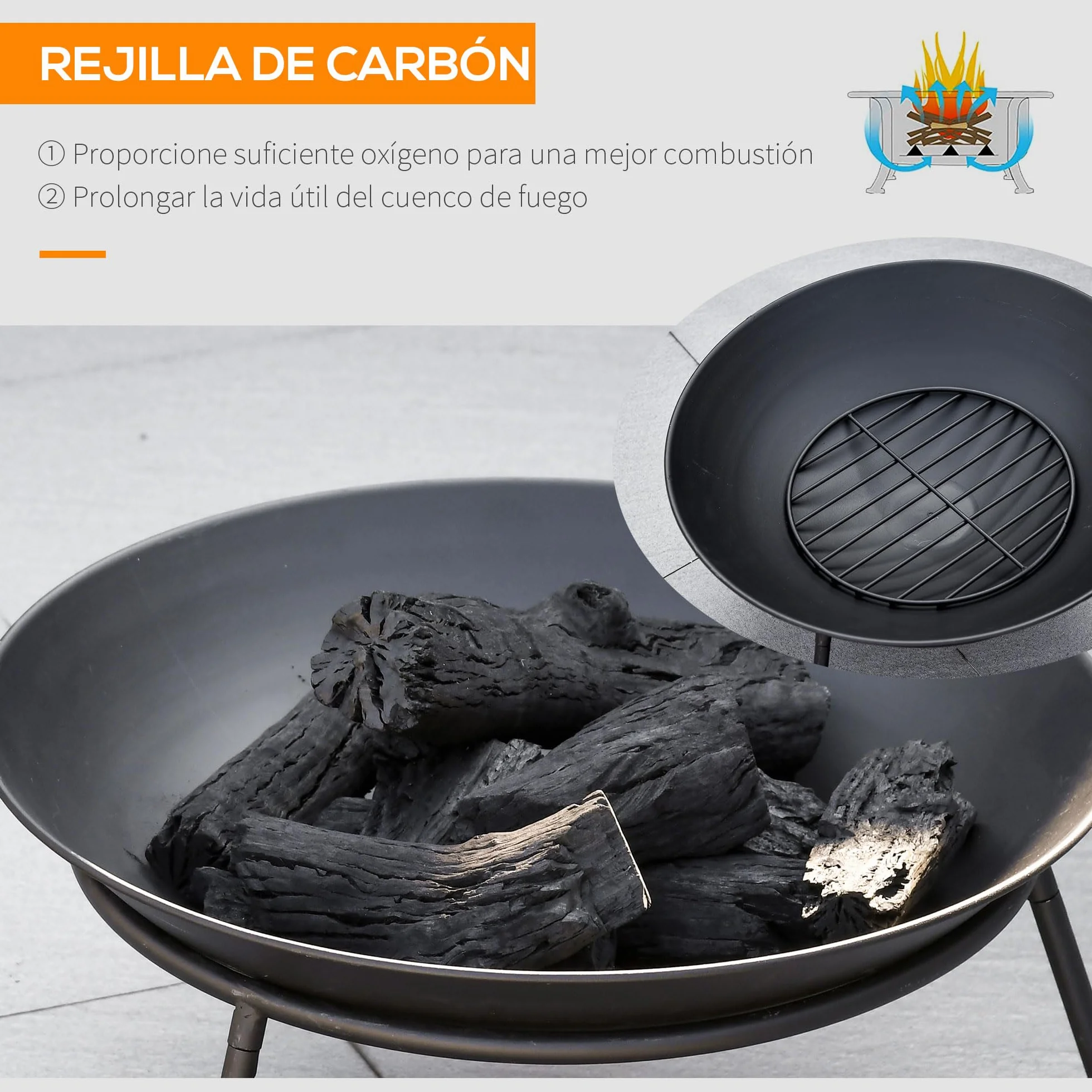 Outsunny Brasero Exterior para Jardín Pozo de Fuego de Metal con Protector de Chispas y Atizador para Hogueras Terraza Camping al Aire Libre Ø47x33 cm Negro