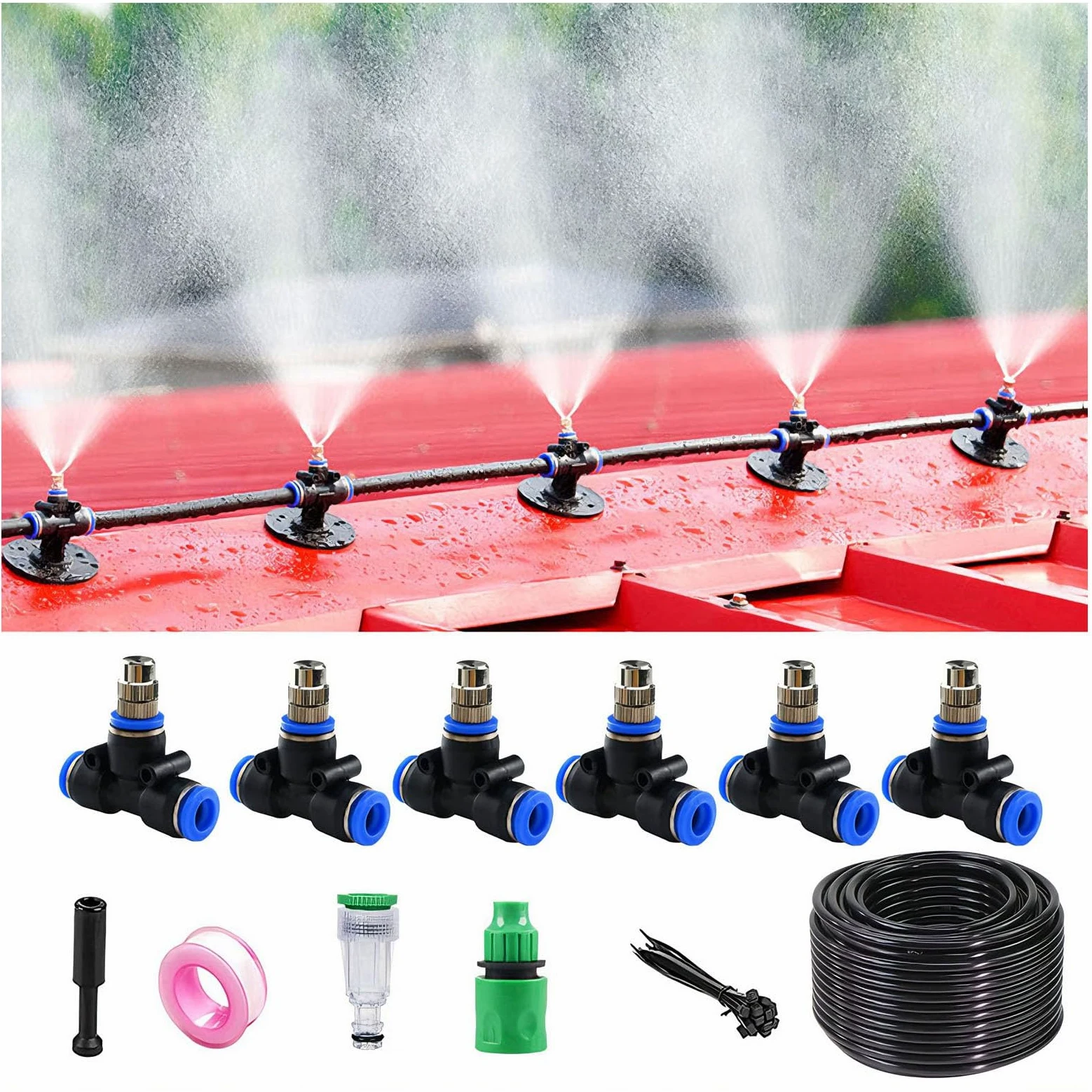 Sistema de riego automático para jardín, Kit de riego por goteo con boquillas atomizadoras y tubos para invernadero, jardín, césped, huerto negro 50m 912 pipe + 50 sets of quick-connect fittings