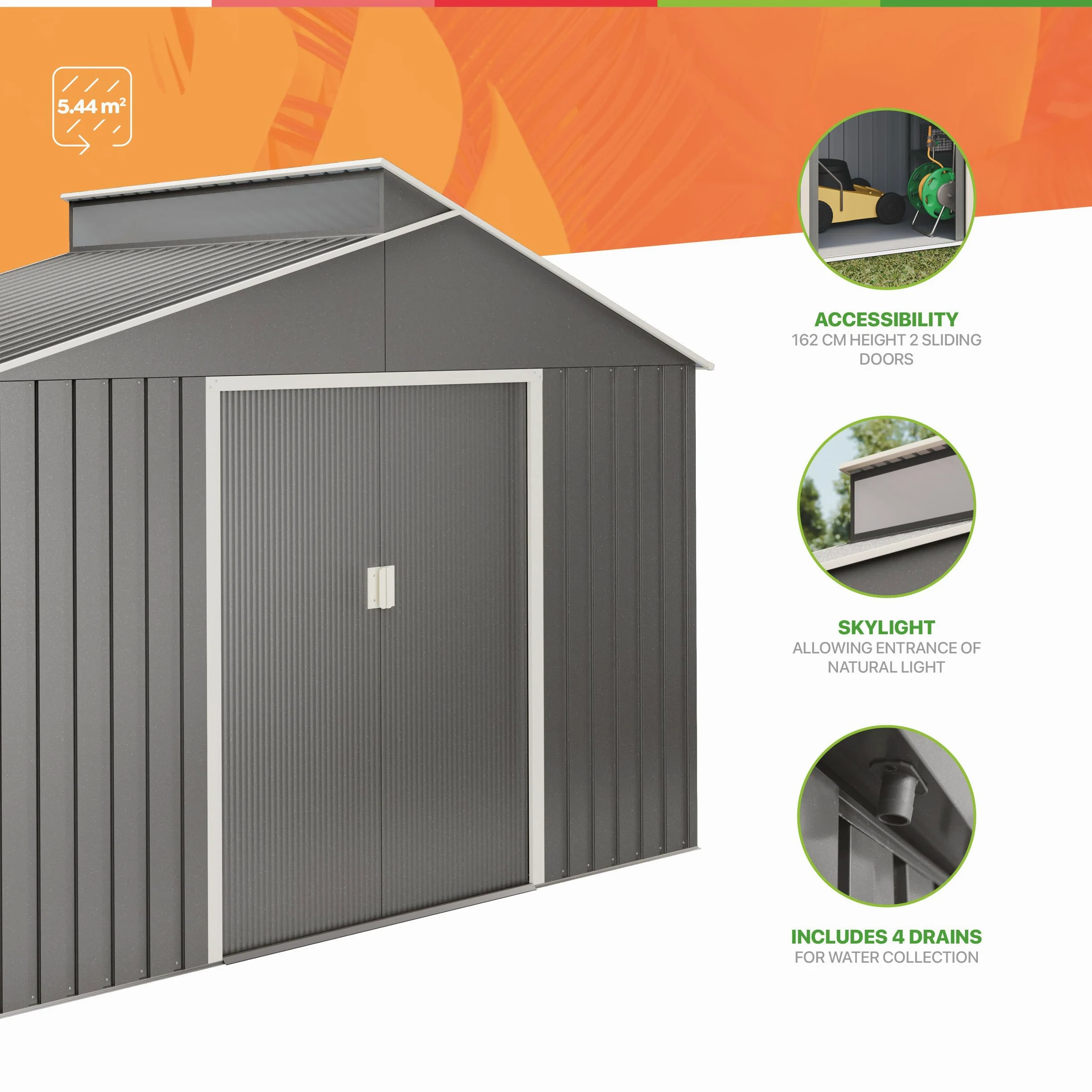 Caseta Jardín Exterior 5,44 m2 Latte – Color Metalizado Premium - Tragaluz de Policarbonato – Puerta Corredera Doble – Techo Inclinado - Cobertizo para terraza metálico de Almacenamiento