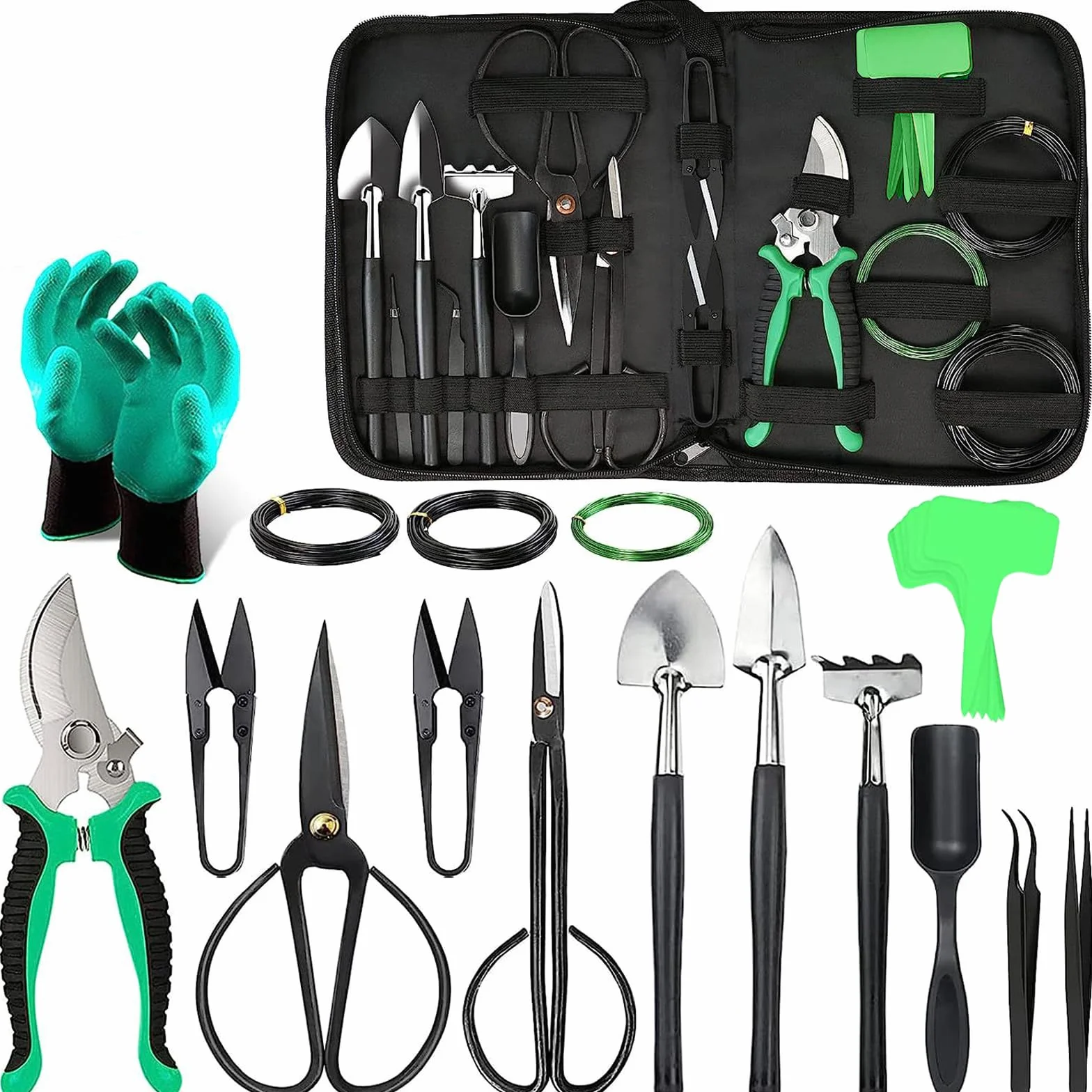 Kit de Herramientas para bonsái de 24 Piezas: Juego Completo de Acero poda, injerto y Cuidado. Ideal para Regalar y para Uso Personal en jardinería (Incluye Estuche)