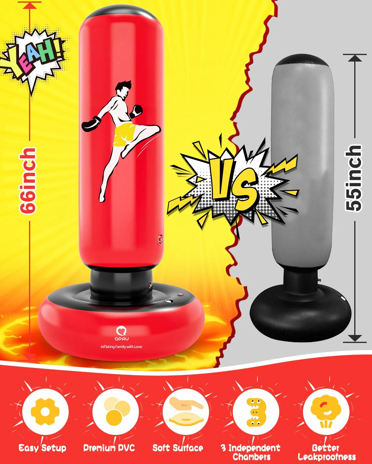 Saco de boxeo para niños con guantes, 66 pulgadas, inflable, rojo