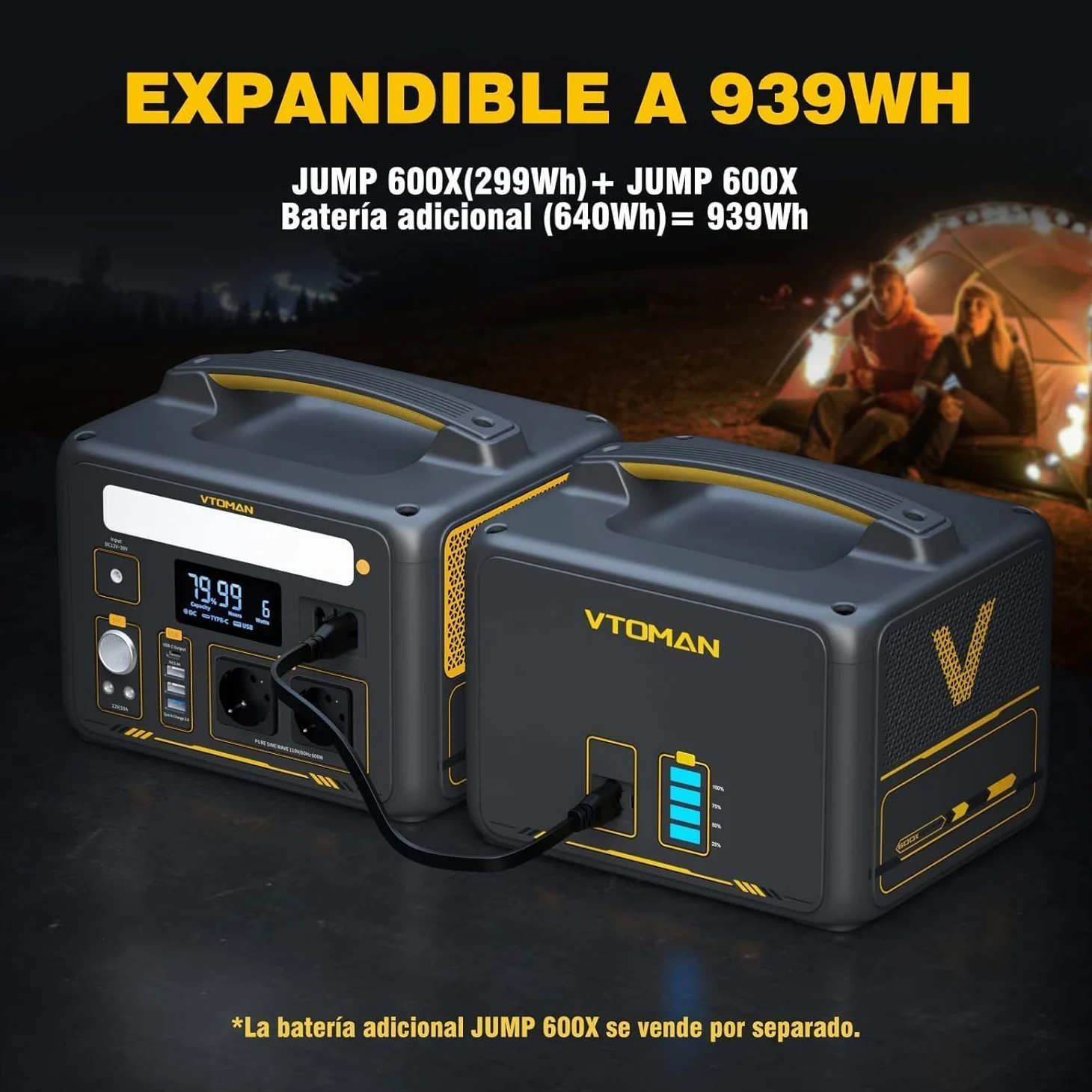 VTOMAN Jump 600X 299Wh Generador Solar, 600W Salida de CA para Apagones | LiFePO4 Batería, Arranque de Coche, Potencia Pico 1200W, LED Linterna, Capacidad Ampliable a 939Wh, Acampadas, Jardín y RV