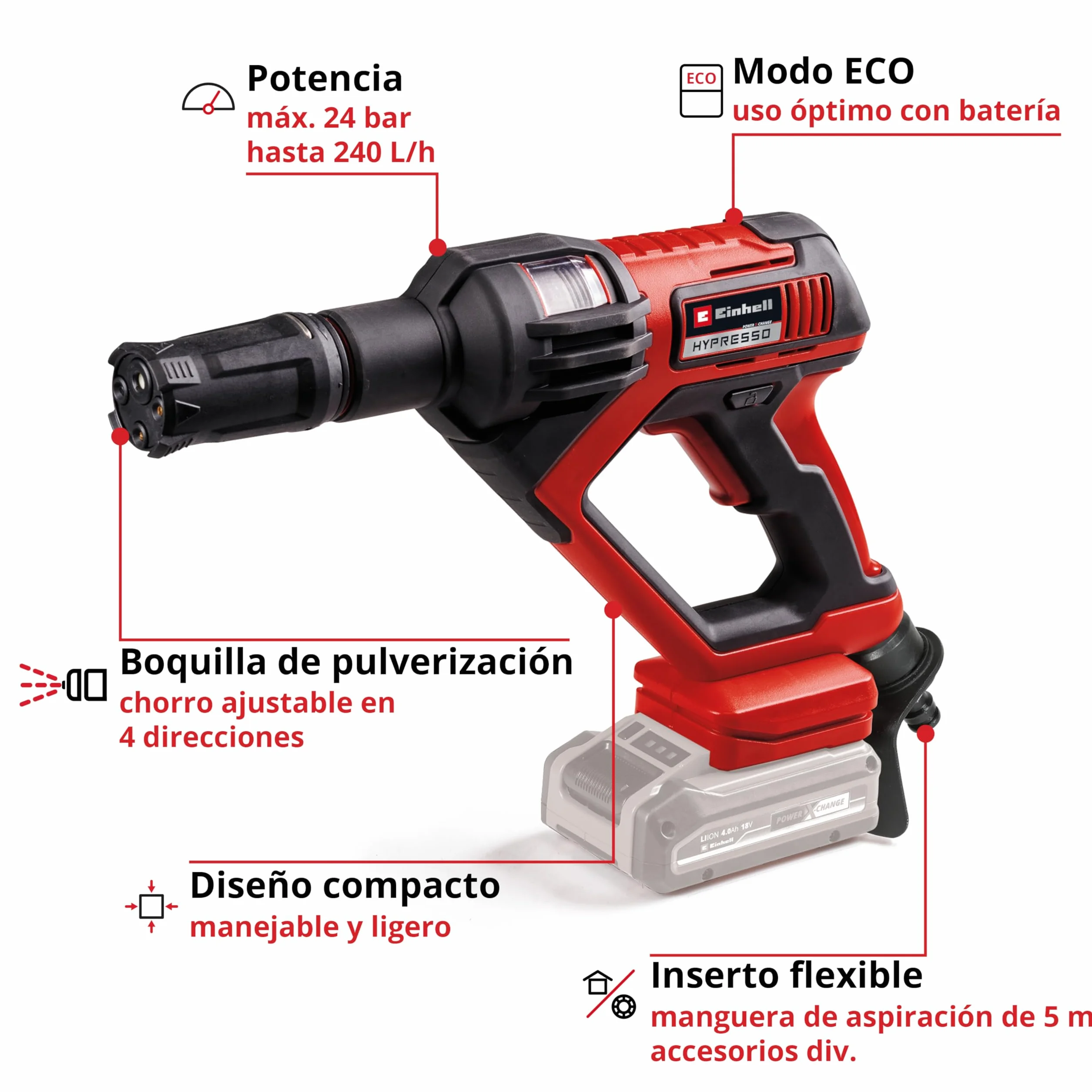 Einhell Pistola limpiadora a presión con batería HYPRESSO 18/24.1 Power X-Change (18 V, 24 Bar, Limpieza y riego móviles, 240 L/h, Incl. Accesorios, sin batería ni Cargador)