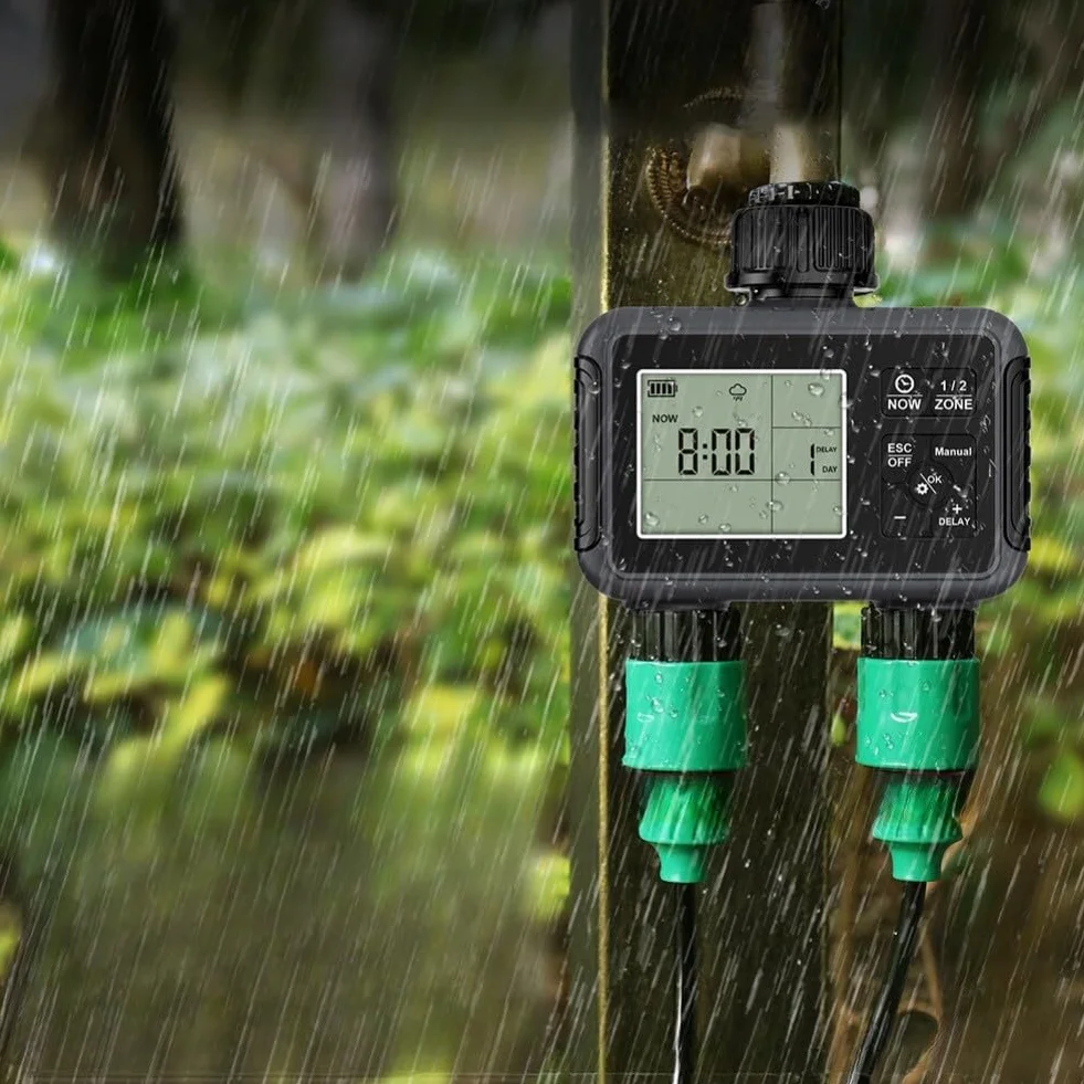 Temporizador de agua programable para grifo de jardín con configuración de entrada y salida de zonas duales independientes y capacidad de anulación manual