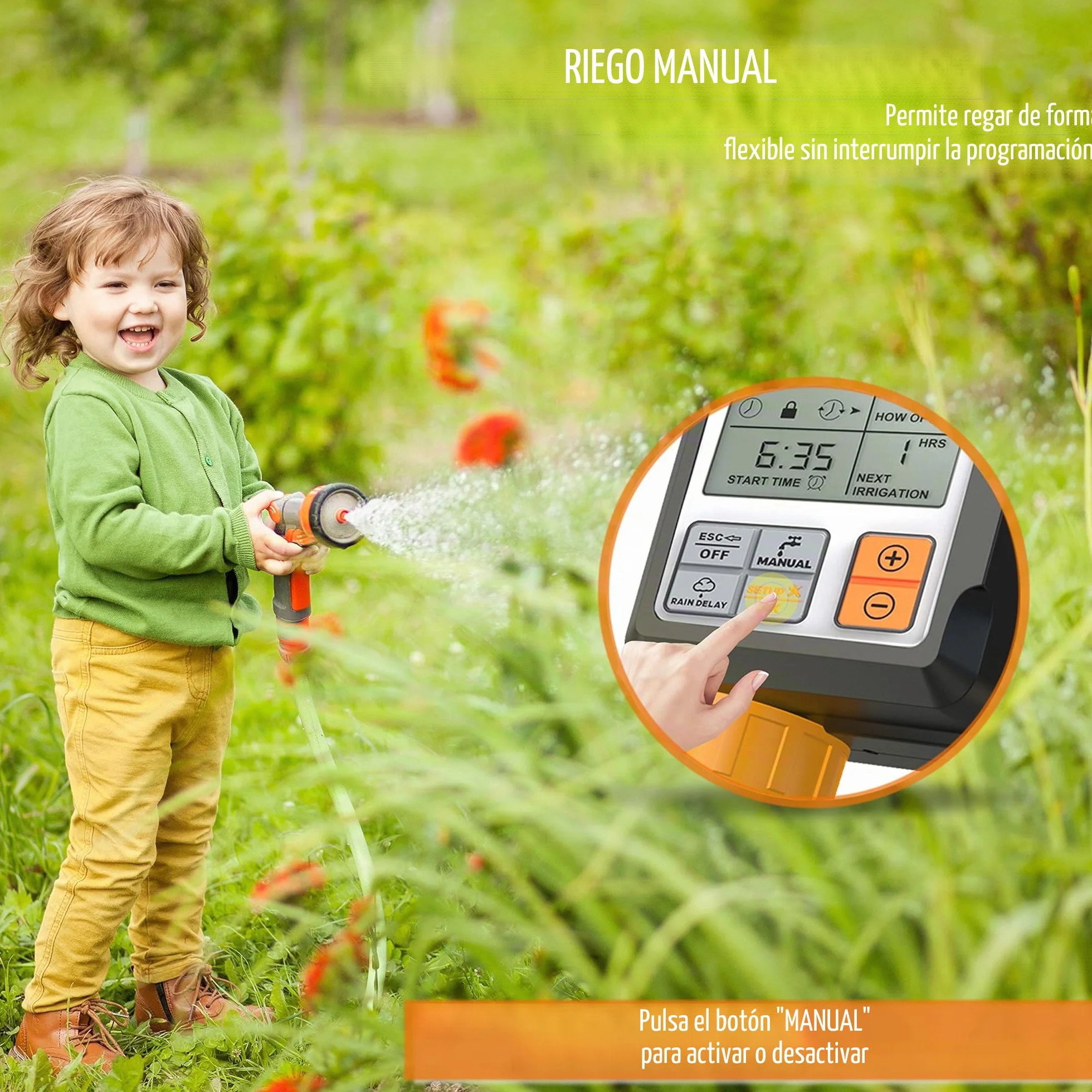 CROSOFMI Programador Riego Jardin Temporizador de Riego Automatico Control Pantalla Grande de 3 Pulgadas Naranja