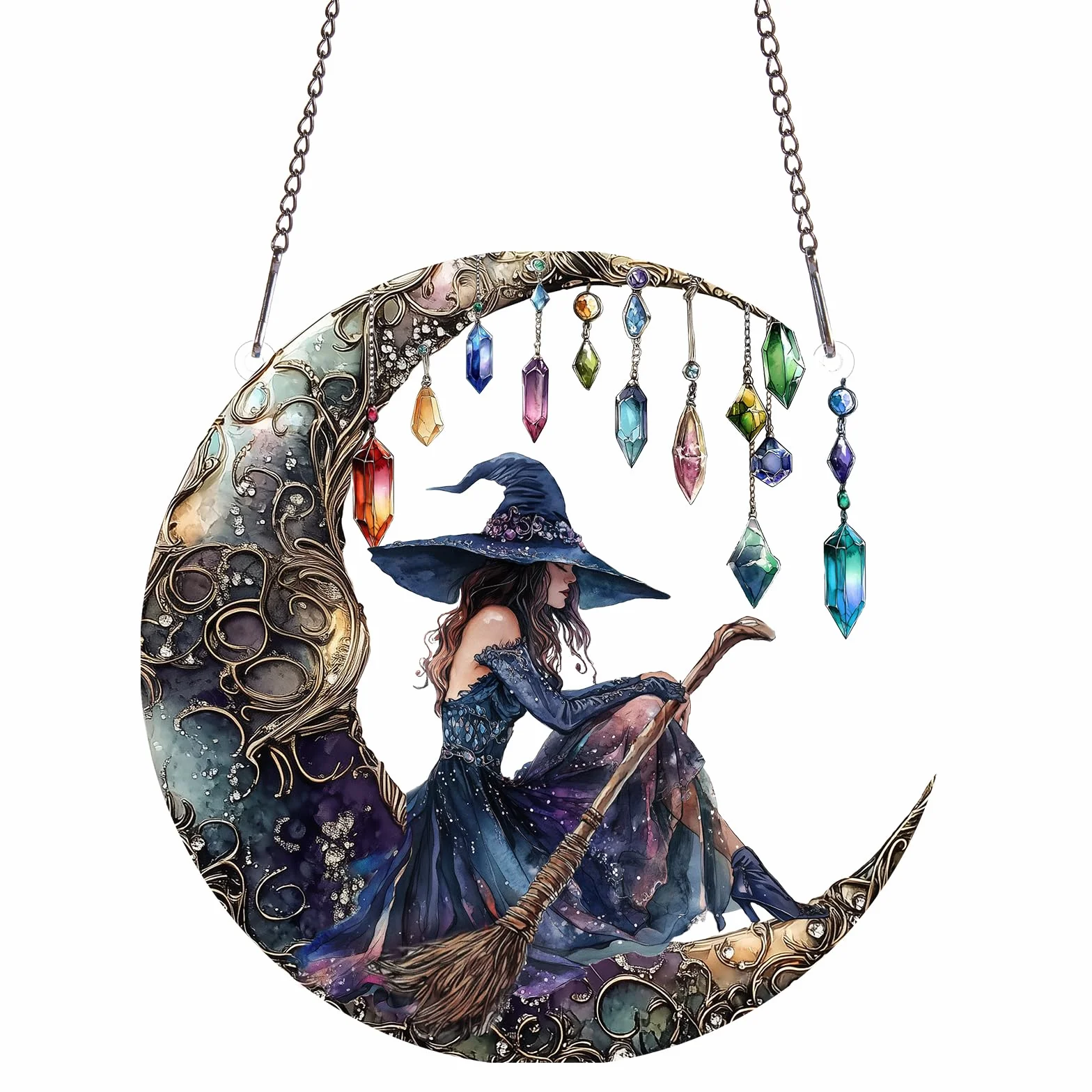PLIGREAT Atrapasoles de Acrílico de Bruja Lunar para Ventana y Pared, Arte Colgante Pintado y Colorido, Artesanías, Atrapasoles para Jardín, Hogar, Interior y Exterior, Decoración Colgante, Regalo