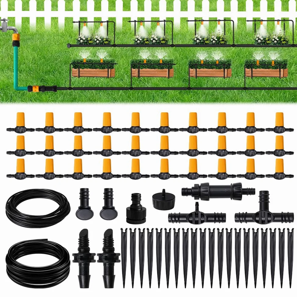 Hoteche Micro sistema de riego por goteo con 30 goteros ajustables, manguera de 20 m, incluye adaptador y accesorios para jardín/invernadero