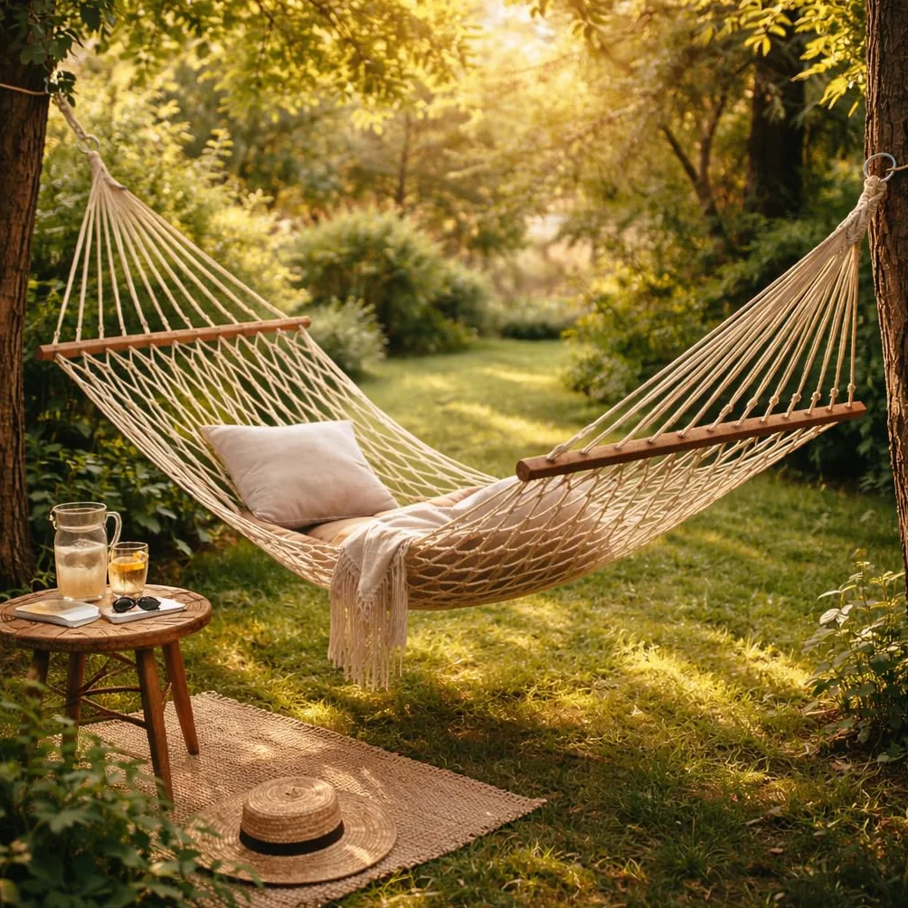 Hamaca Macramé de 270 x 80 cm (Zona Útil 190 x 80 cm) Hamaca de Red Estilo Boho para Jardín Terraza Interior Camping Campers o Caravanas Bolsa de Transporte incluida