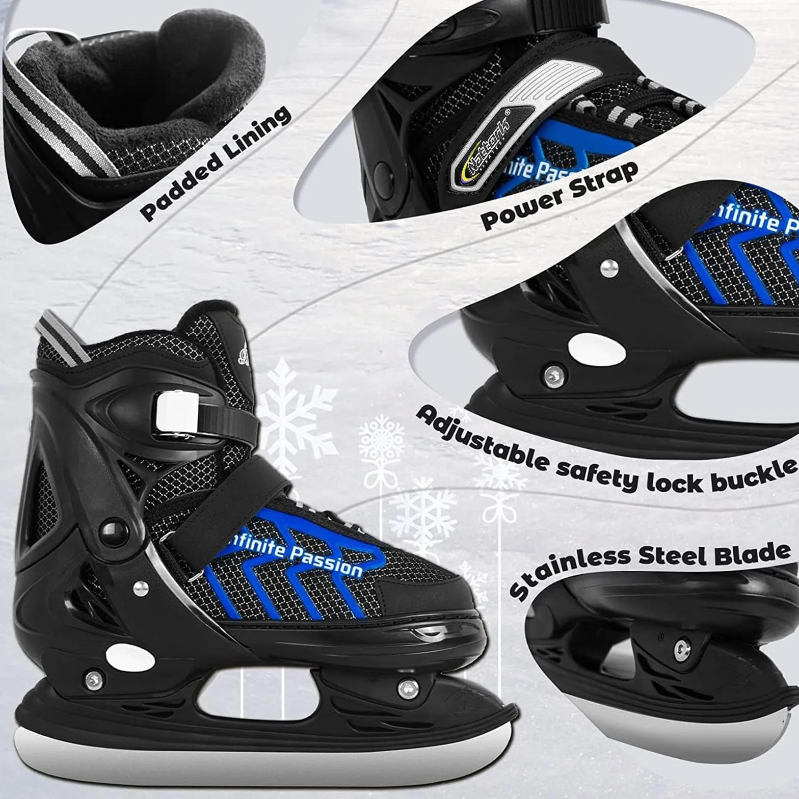 Nattork Patines de Hielo Ajustables para niños, Soporte Reforzado Tobillo Hockey