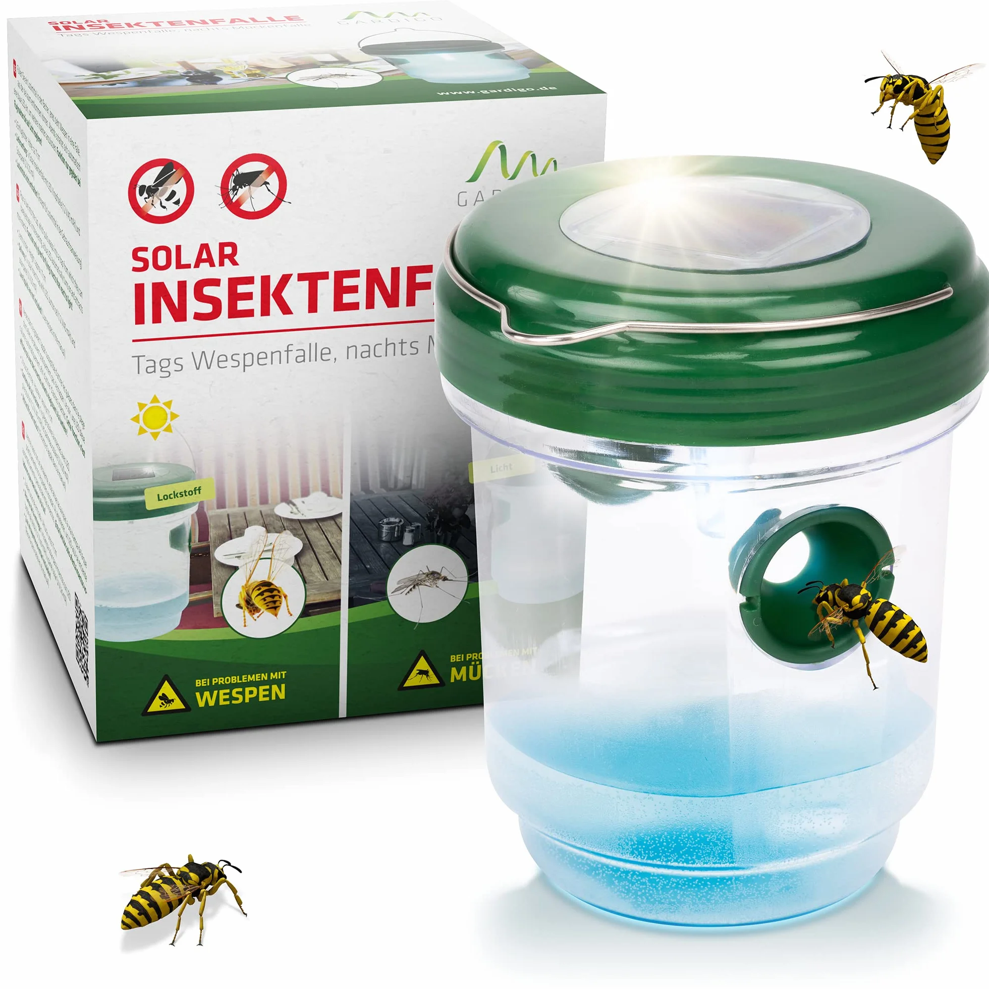 Gardigo® Anti Mosquitos y Trampa Avispas con Panel Solar 2in1 | Insecticida Antimosquitos Exterior | Mosquitos Eliminar del Jardin sin Mata Avispas | Atrapa Insectos, Trampa Avispa Exterior
