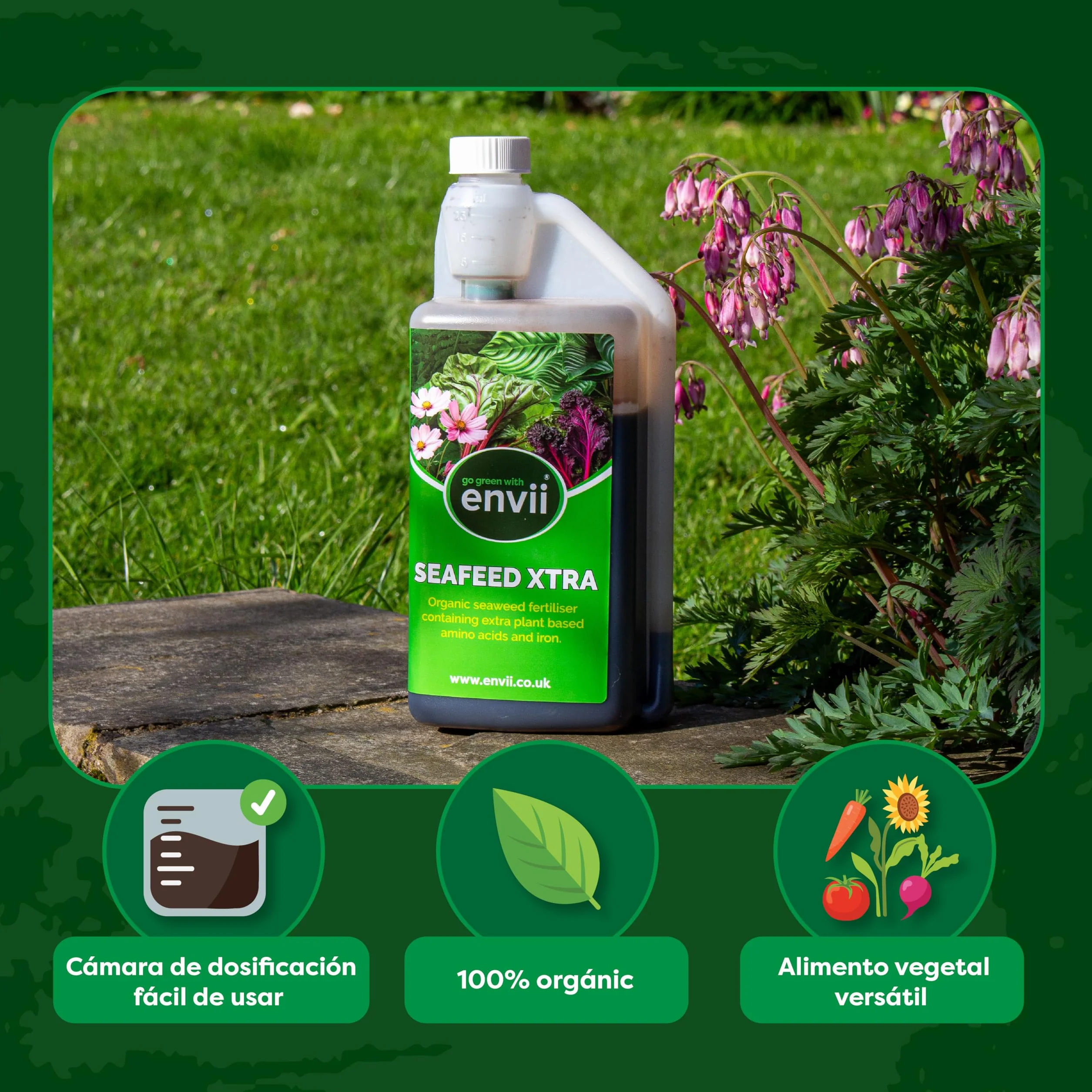 Envii Fertilizante Orgánico de Algas, Abono Líquido para Plantas de Exterior e Interior, Ideal para Jardines, Césped y Macetas, Rico en Nutrientes Adicionales – 1 Litro rinde hasta 500 L