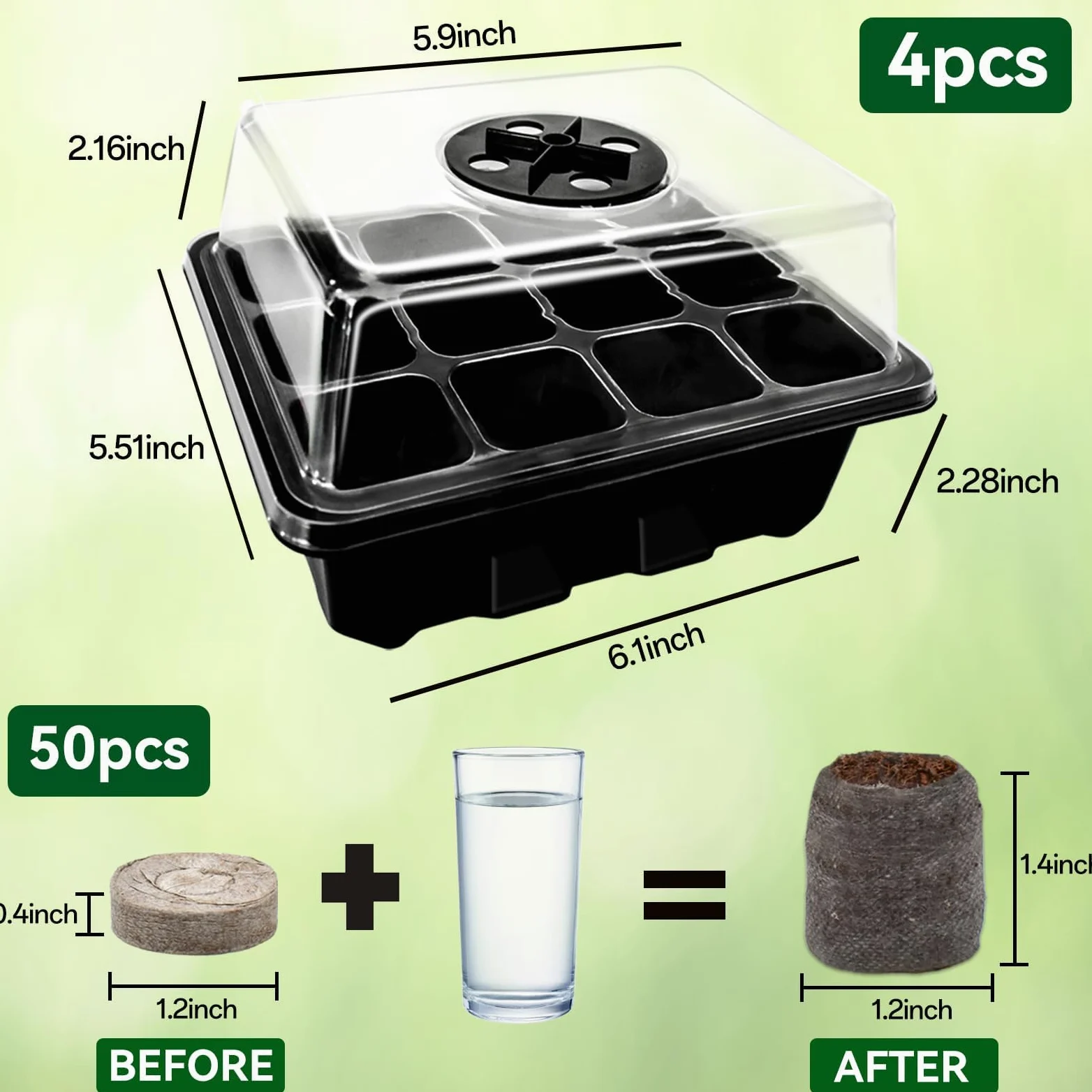 Juego de iniciación de semillas para plántulas, 50 pellets de turba y 48 celdas, mini bandejas de iniciación de plántulas de jardín con cúpula de humedad ventilada para plantas, flores y verduras