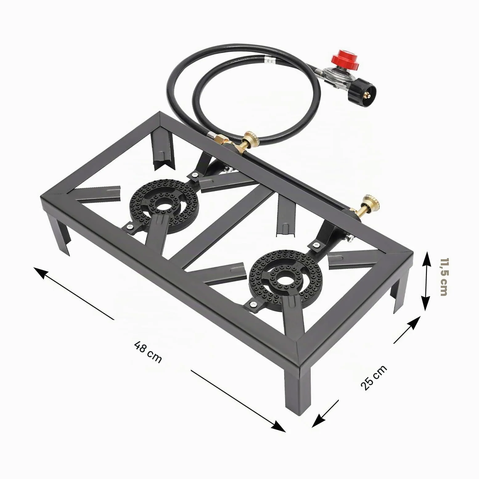 Hornillo de Gas Negro para Exteriores, 8000 W, 48x25x11,5cm Doble Quemador con Manguera reguladora, portátil, para Camping, jardín, Barbacoa, Patas fijas, portátil, Ligera