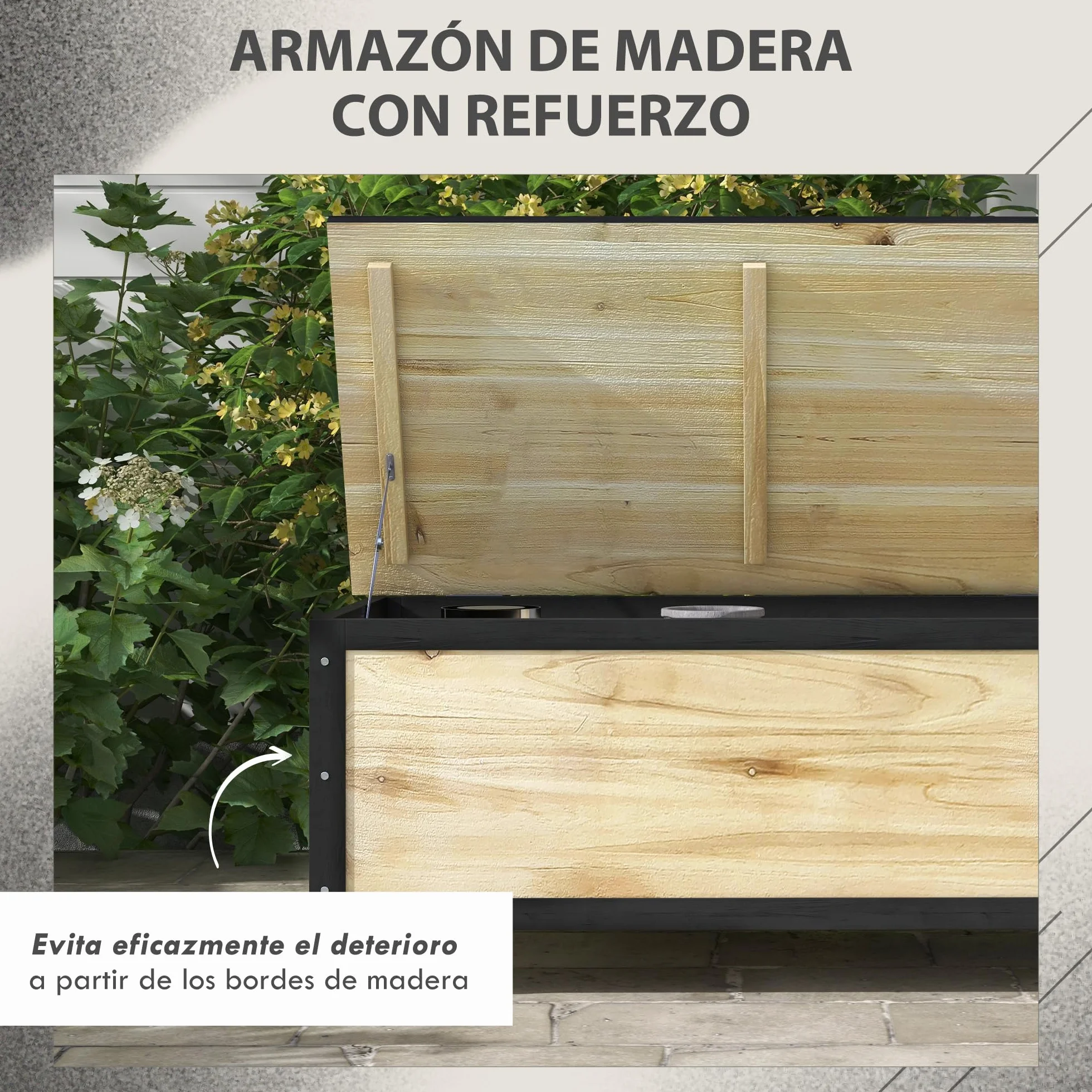Outsunny Baúl de Exterior 121L Arcón Almacenaje de Madera con 4 Ruedas para Jardín Patio Balcón 100x50x43 cm Natural y Negro