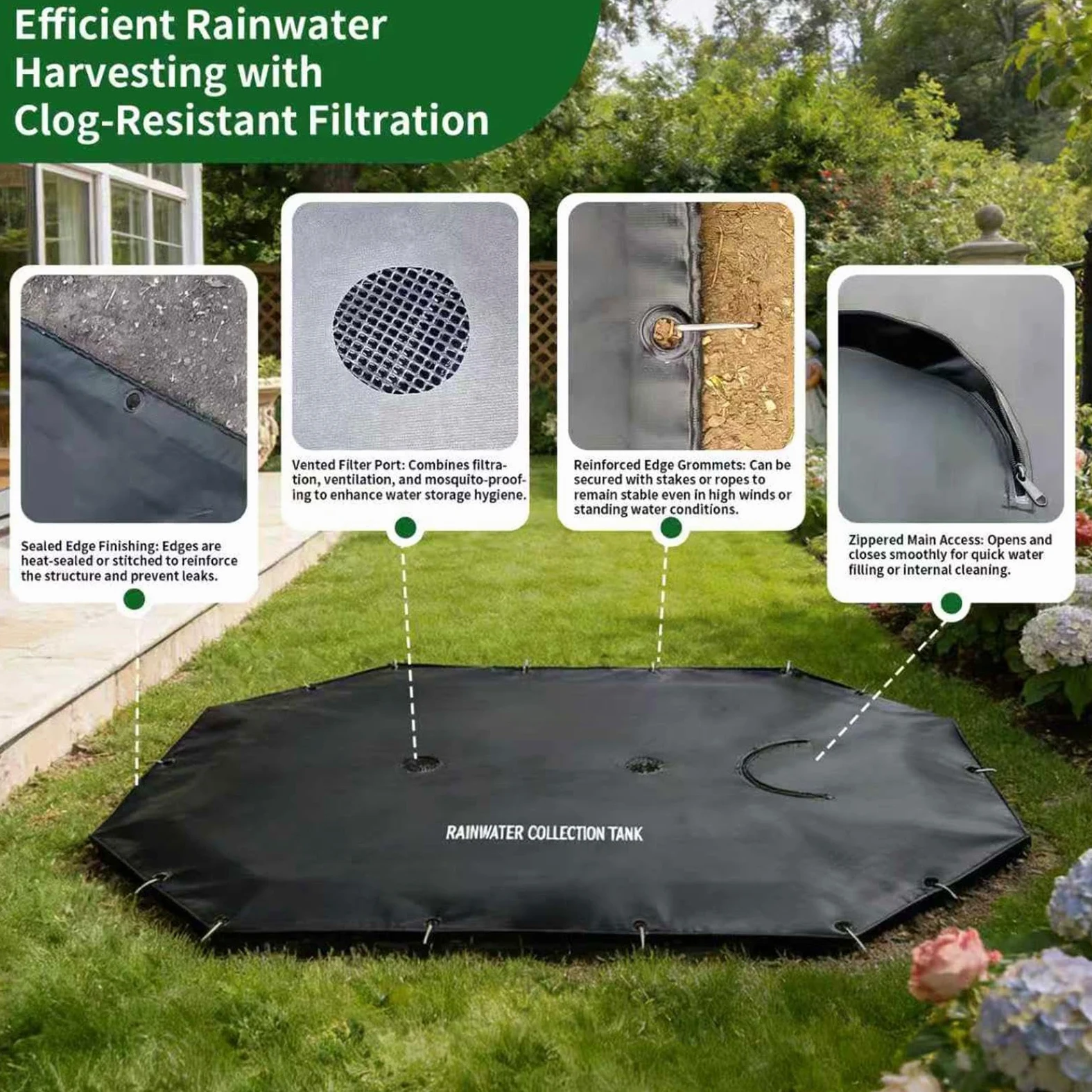 Captación de Lluvia Almacenamiento Subterráneo de Agua Pluvial | Colector de Agua para Patio Trasero para Macizo de Flores, Pasarela, Riego, Entrada, Terraza, Césped, Patio Trasero, Jardín