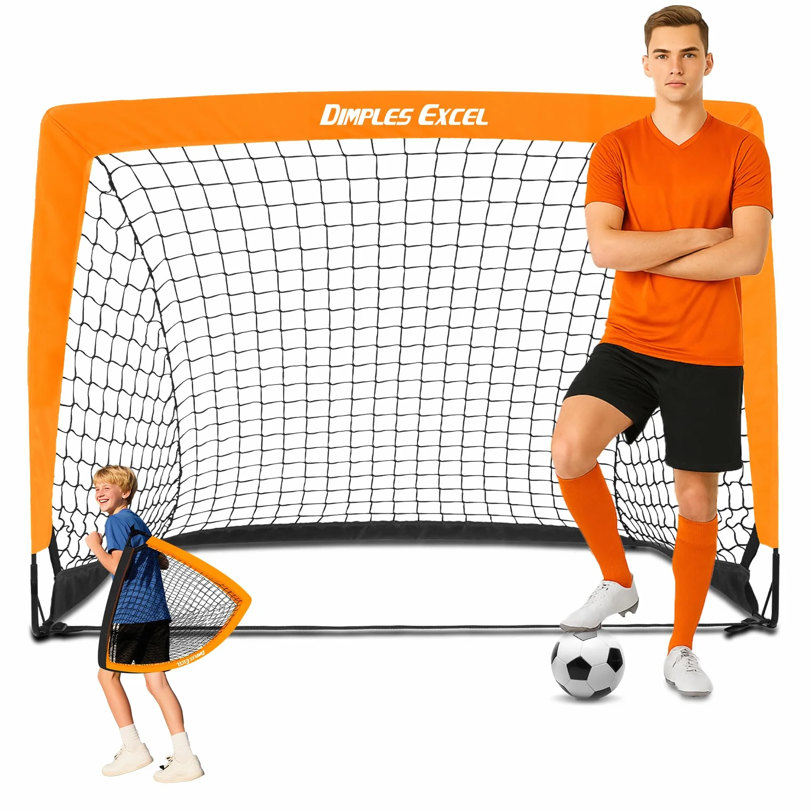 Dimples Excel Portería de Fútbol Infantil Pop-Up Plegable Set de 1 o 2 con Balón Bomba y Conos