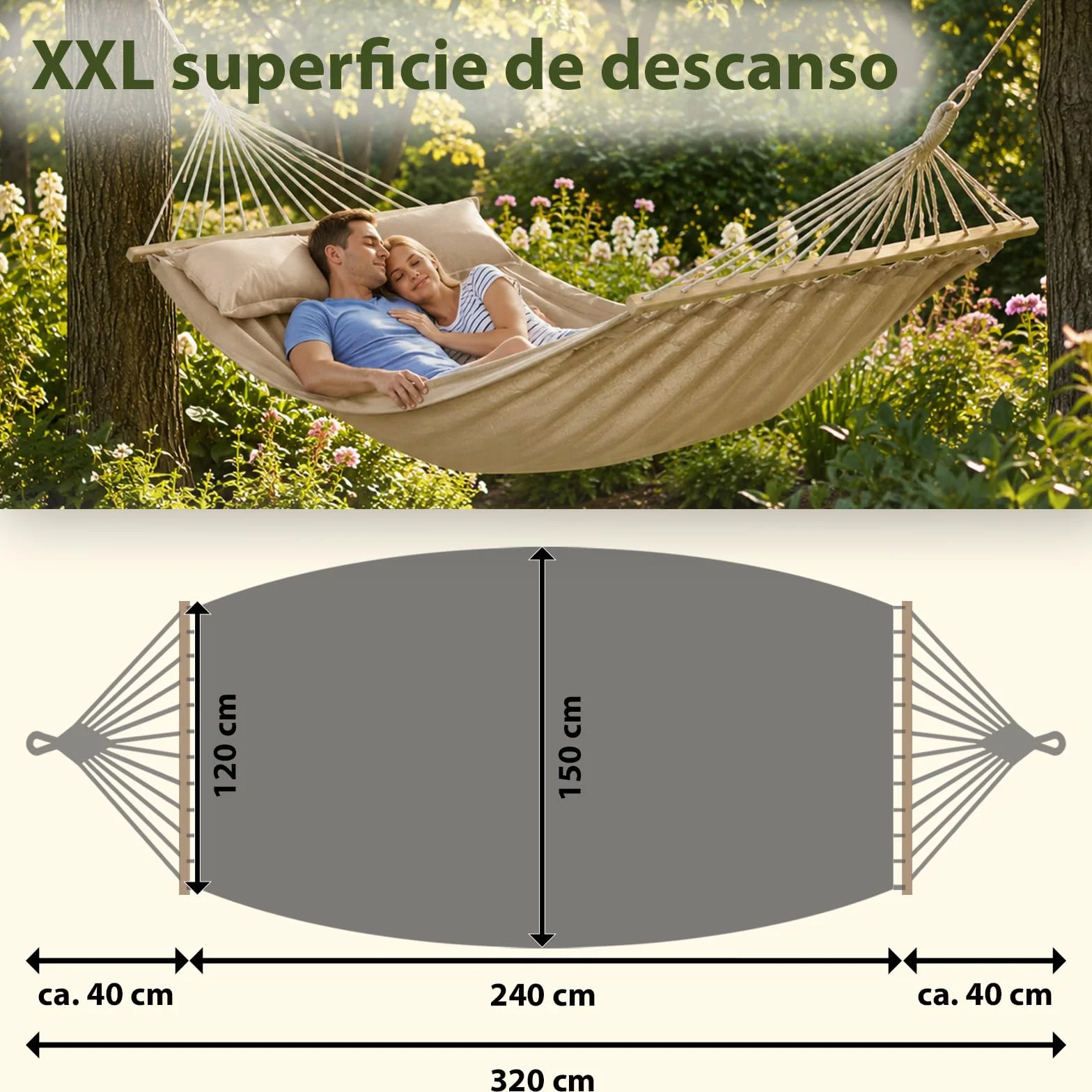 BB Sport Hamaca Colgante Doble Dos Personas 240 x 150 cm Carga 300 kg Jardin Terazza, Color:Playa