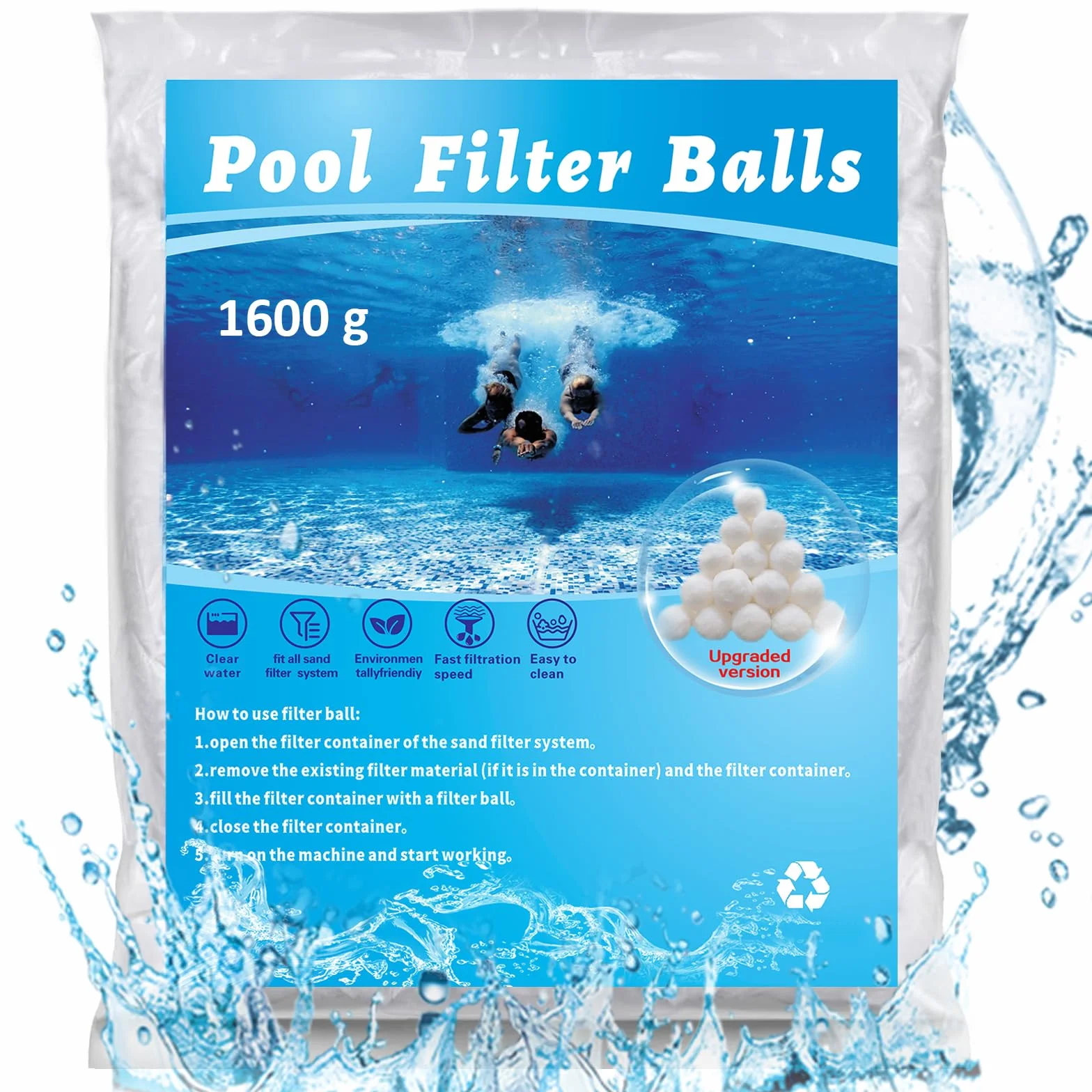 Bolas Filtro Piscina 1600g, Reutilizable Bolsas Filtrantes para Filtro de Arena, Reemplaza 60 kg Arena
