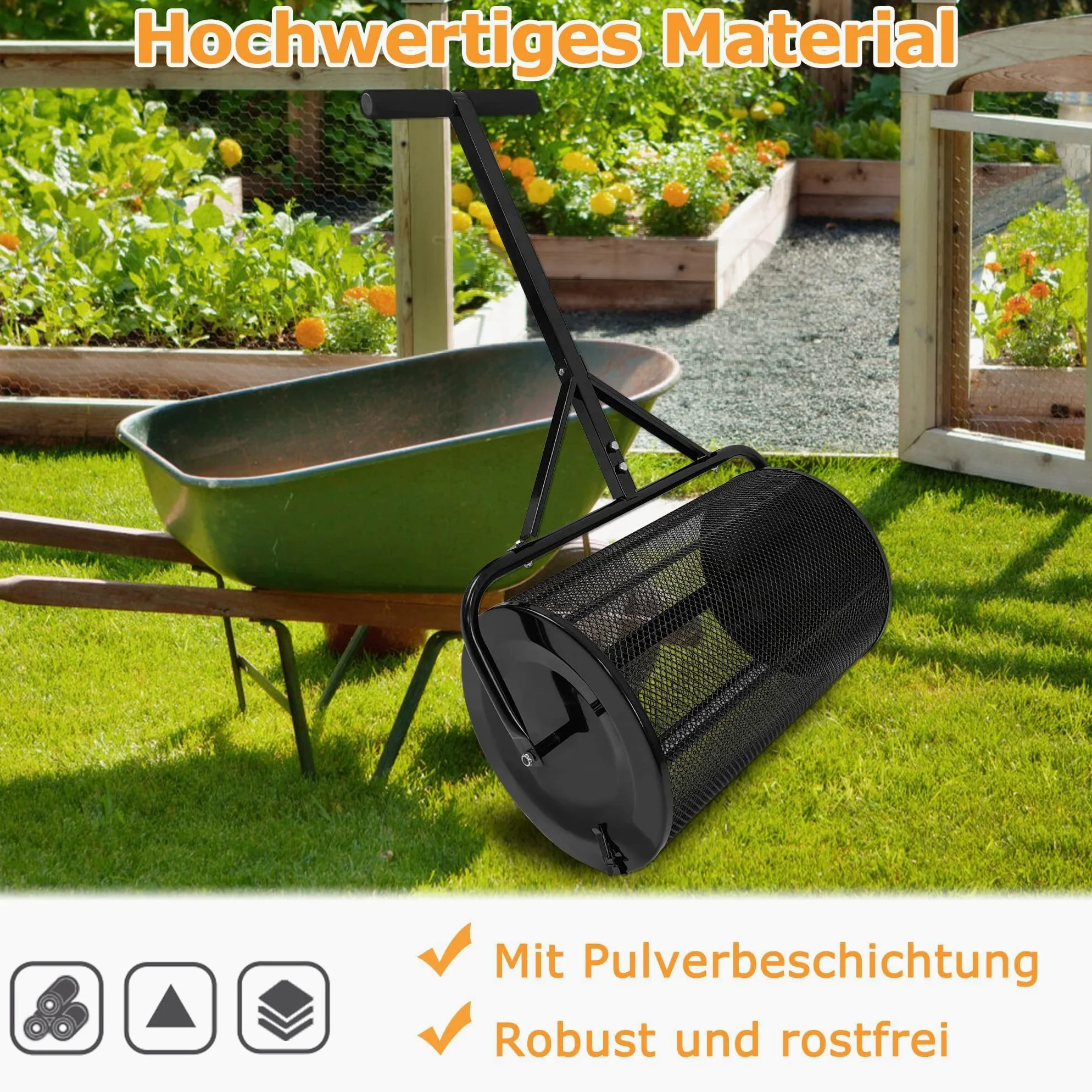 UISEBRT Esparcidor de compostaje de 80 l, color negro, con asa, esparcidor de compost y turba con cesta de malla, 65 cm de ancho, para compost, abono, turba