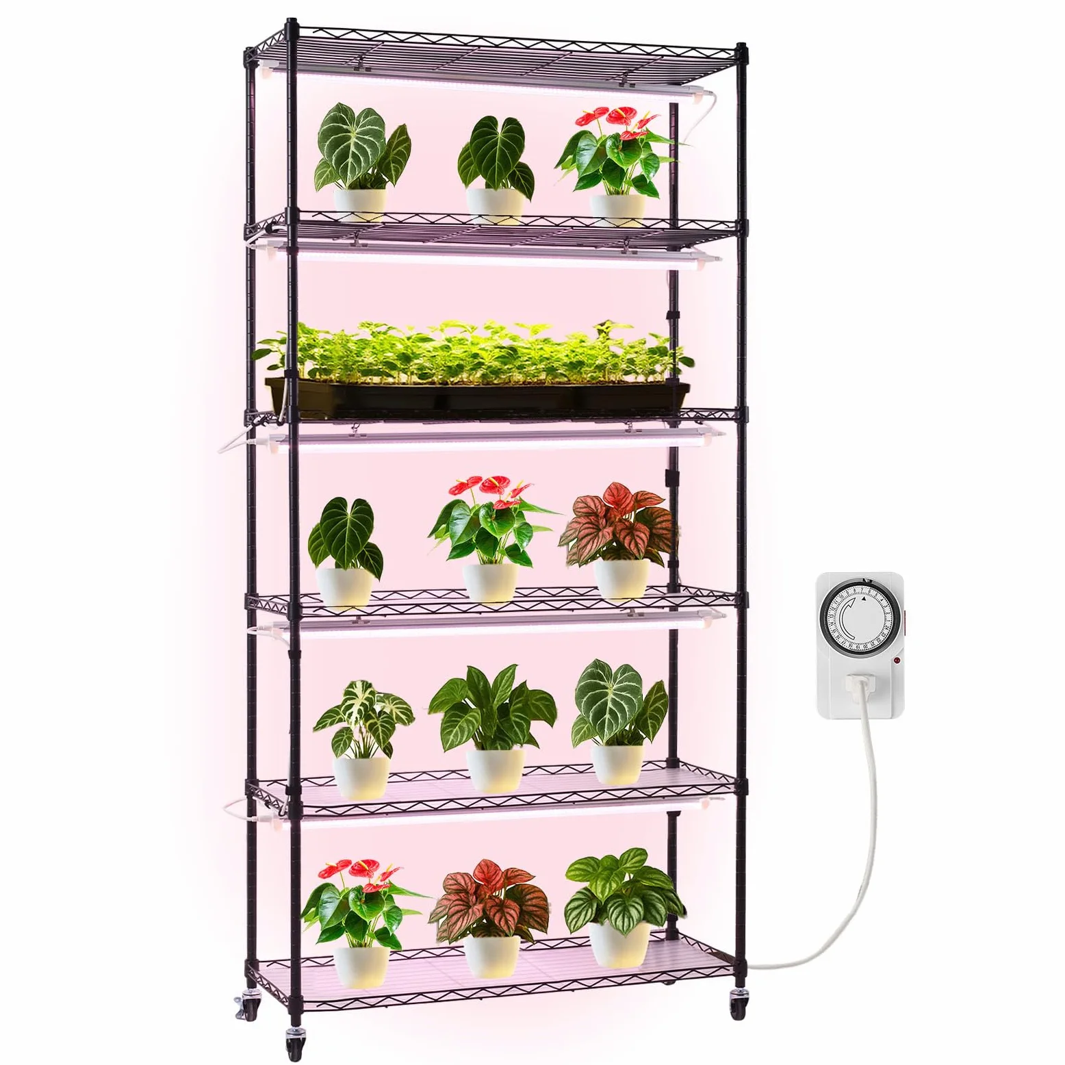 VEVOR Soporte para Plantas con Luz de Cultivo 6 Niveles Alto 180 cm 150 W, Estante para Plantas con Ruedas Giratorias, Temporizador Mecánico, para Crecimiento de Planta, Macetas, 900 x 350 x 1800 mm