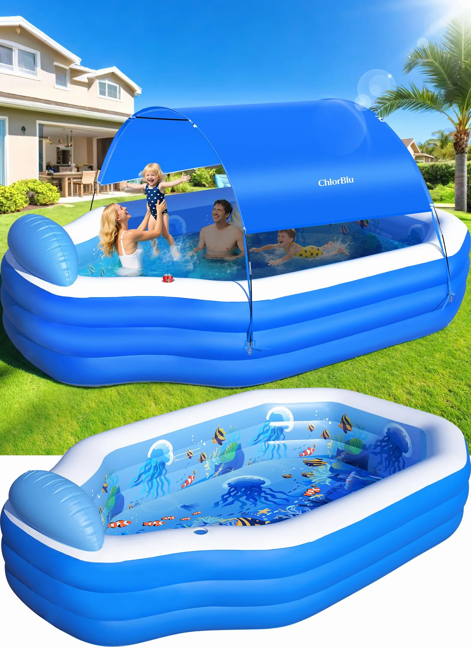 ChlorBlu Piscina Hinchable Grande con Toldo, 300x190x55cm Piscina Hinchable Adultos, Piscinas Hinchable Rectangular Resistentes y Gruesas, Piscinas Hinchable Familiar para Jardín Exterior