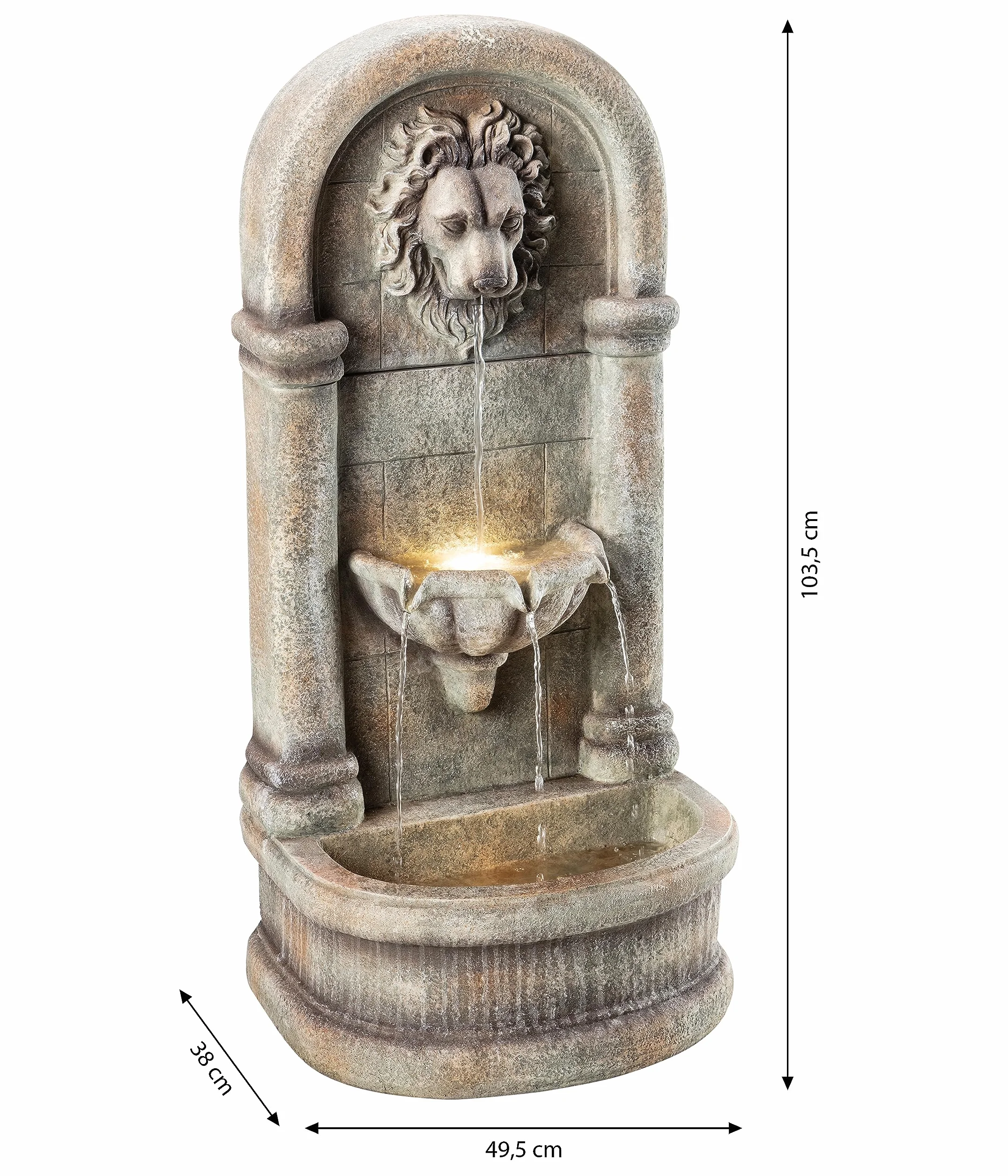 Dehner Fuente de jardín Faro con iluminación LED, Aprox. 103,5 x 38 x 49,5 cm, poliresina, Gris