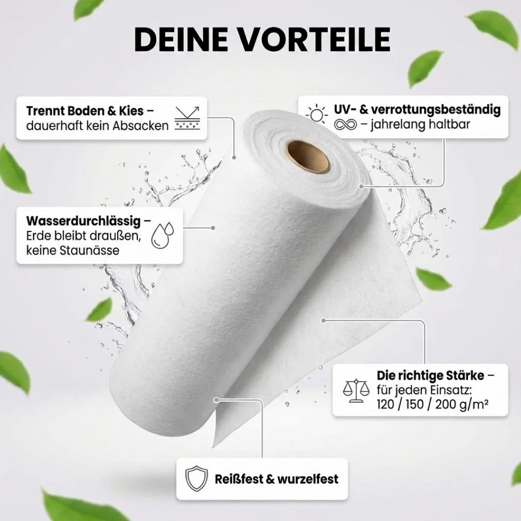 Florade Fieltro de drenaje 120 g/m² – Fieltro de jardín – Geovlies – Geotextil – permeable al agua, resistente a los rayos UV, apto para plantas, biológicamente resistente 100 cm 50 m
