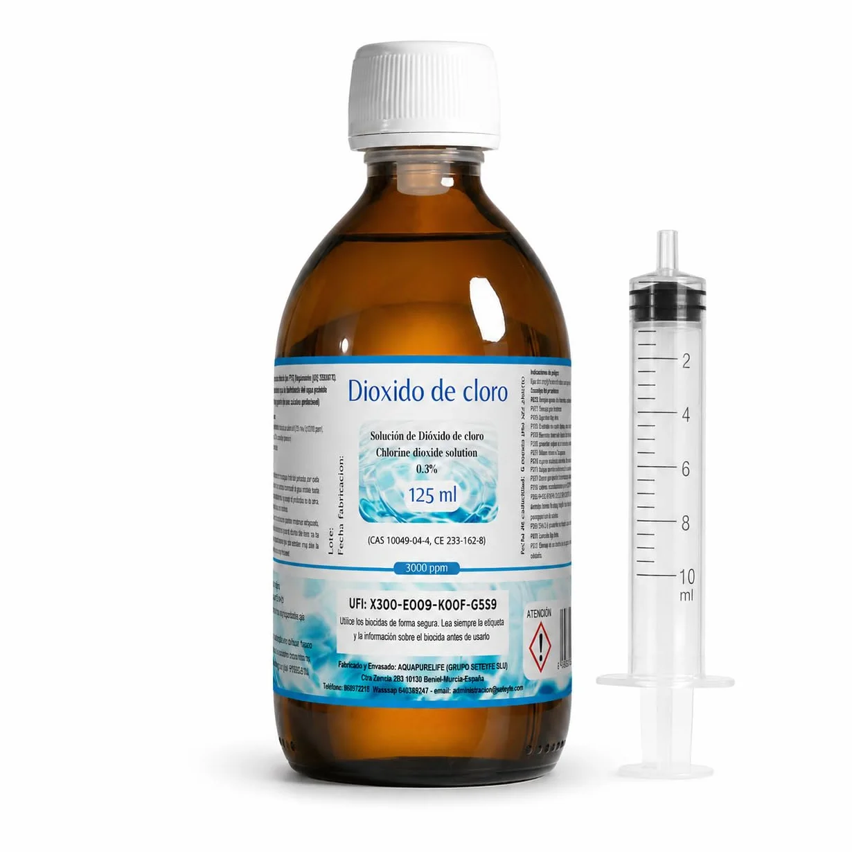 Dioxido de Cloro 3000ppm - CDS 0,3% - Envasado en Botella Cristal Ambar - Fabricado en España (125ml)