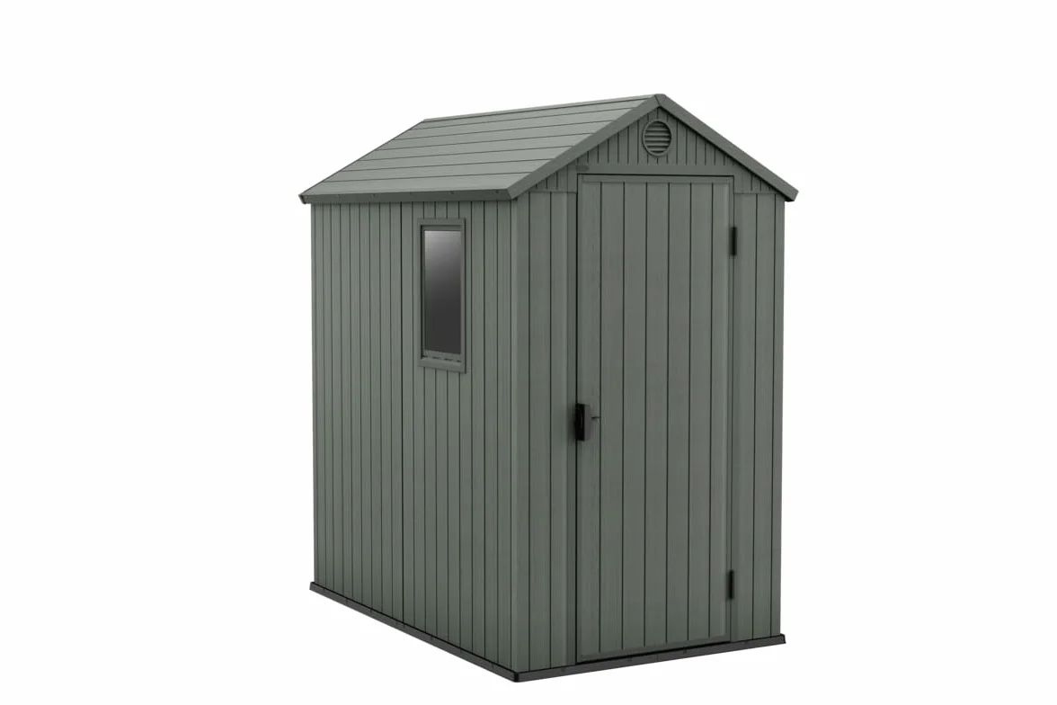 Keter Darwin Caseta de Jardín Exterior, Efecto Madera, Doble Puerta, Ventanas Frontales, Resistente a UV (Verde, 4x6)