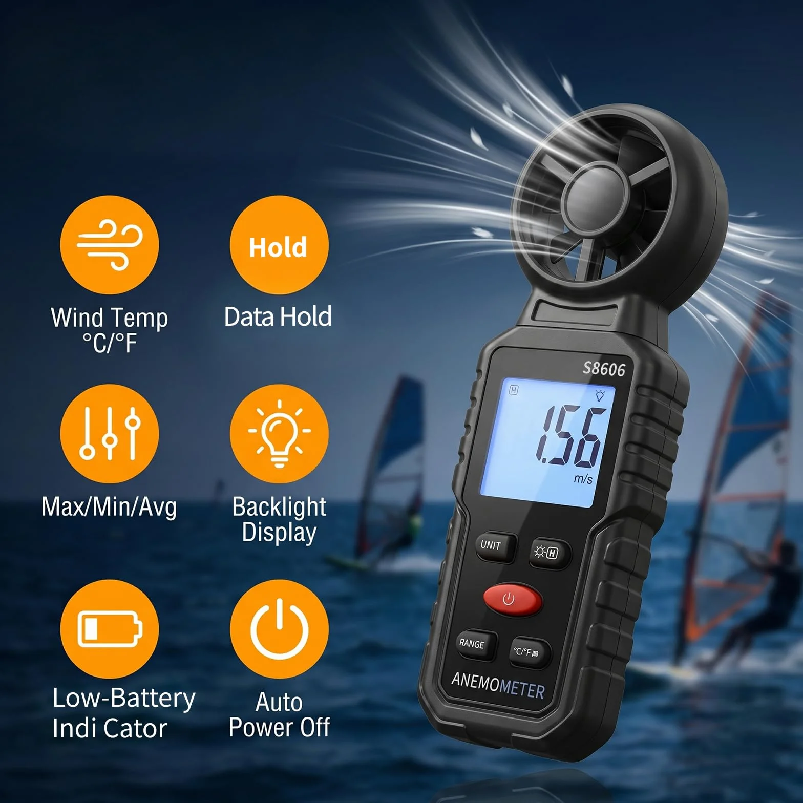 Anemómetro Digital Portátil 3 en 1 con Pantalla LCD Retroiluminada, Medidor de Velocidad del Viento, Temperatura y Flujo de Aire, Funciones MAX/MIN/AVG, para Navegación, Drones, Surf y Pesca