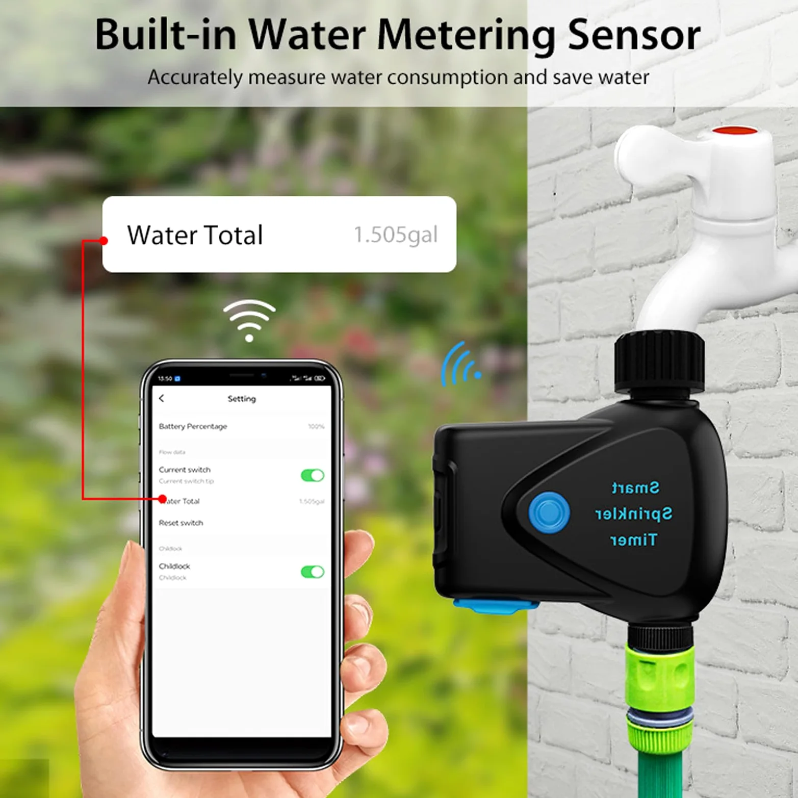 Yosoo Health Gear Temporizador de Aspersor Inteligente ABS WiFi Temporizador de Agua 2,4 GHz con Medidor de Flujo Retardo de Lluvia Controlador de Riego Alimentado por Batería para Riego de Manguera