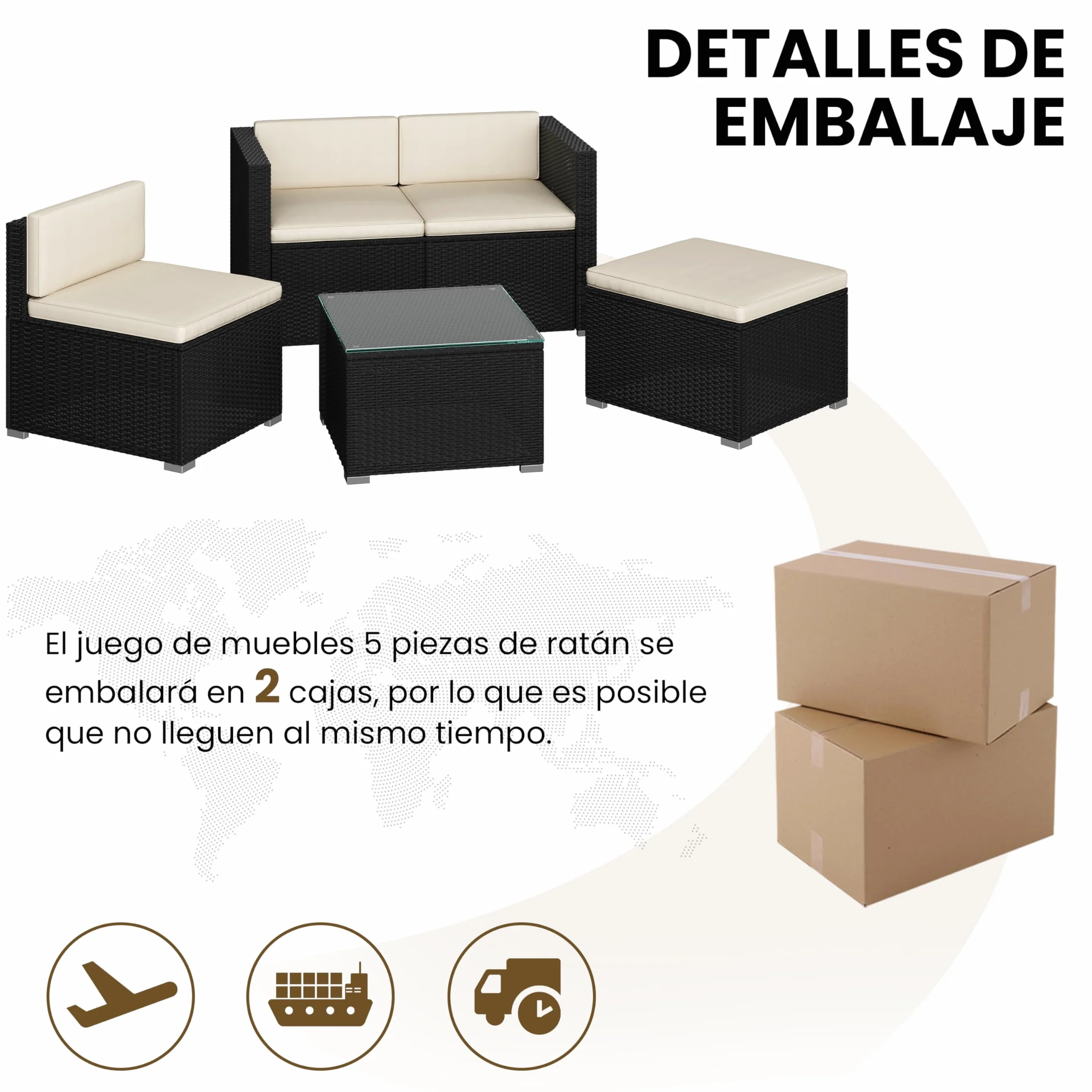 Yaheetech Conjunto de Muebles Ratán de Jardín 5 Piezas con Cojines, 3 Plazas Sofá 1 Taburete y 1 Mesa de Café de Cristal (Negro/Beige)