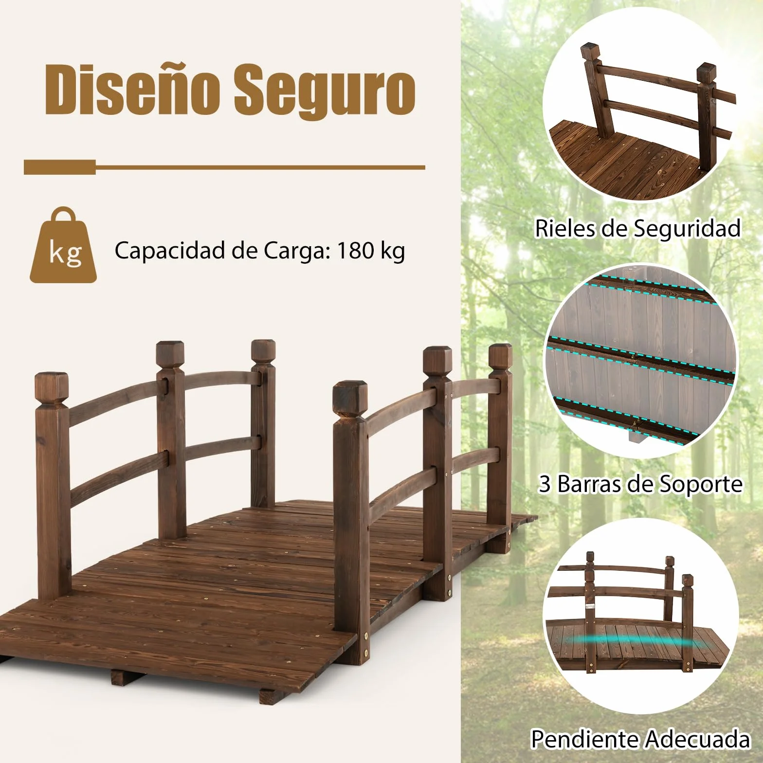 COSTWAY Puente de Jardín Madera, 171 x 76,5 x 58cm, Puente de Pie Decorativo Carbonizado con Barandillas de Seguridad, Carga 180 kg, Madera de Abeto, Jardín, Patio, Granja