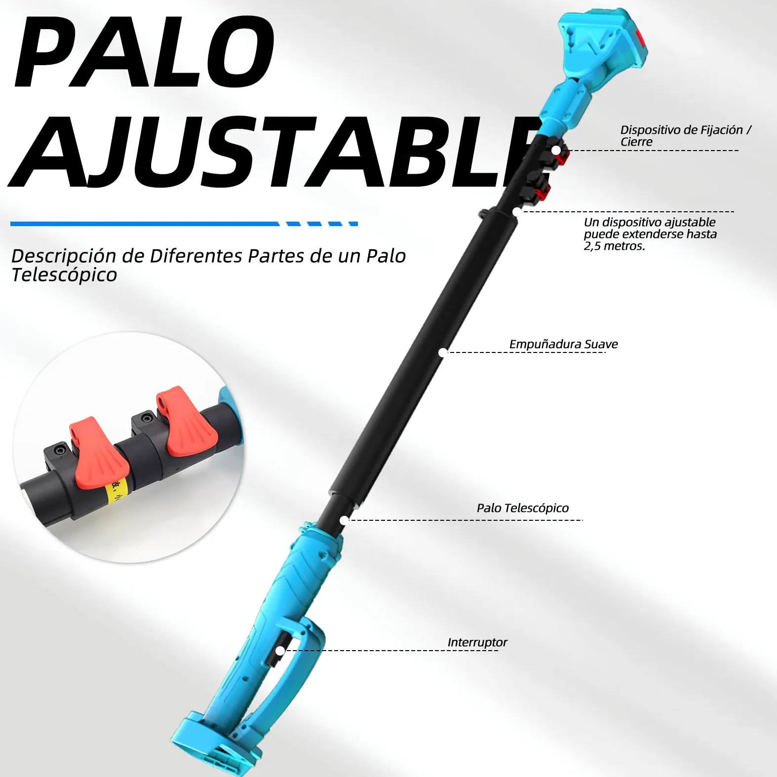 Pértiga telescópica ANEELV para tijeras de podar y sierras eléctricas – Extensible 1,2-2,5 m, cabezal 90°, altura 4,6 m – Compatible con Makita 18V