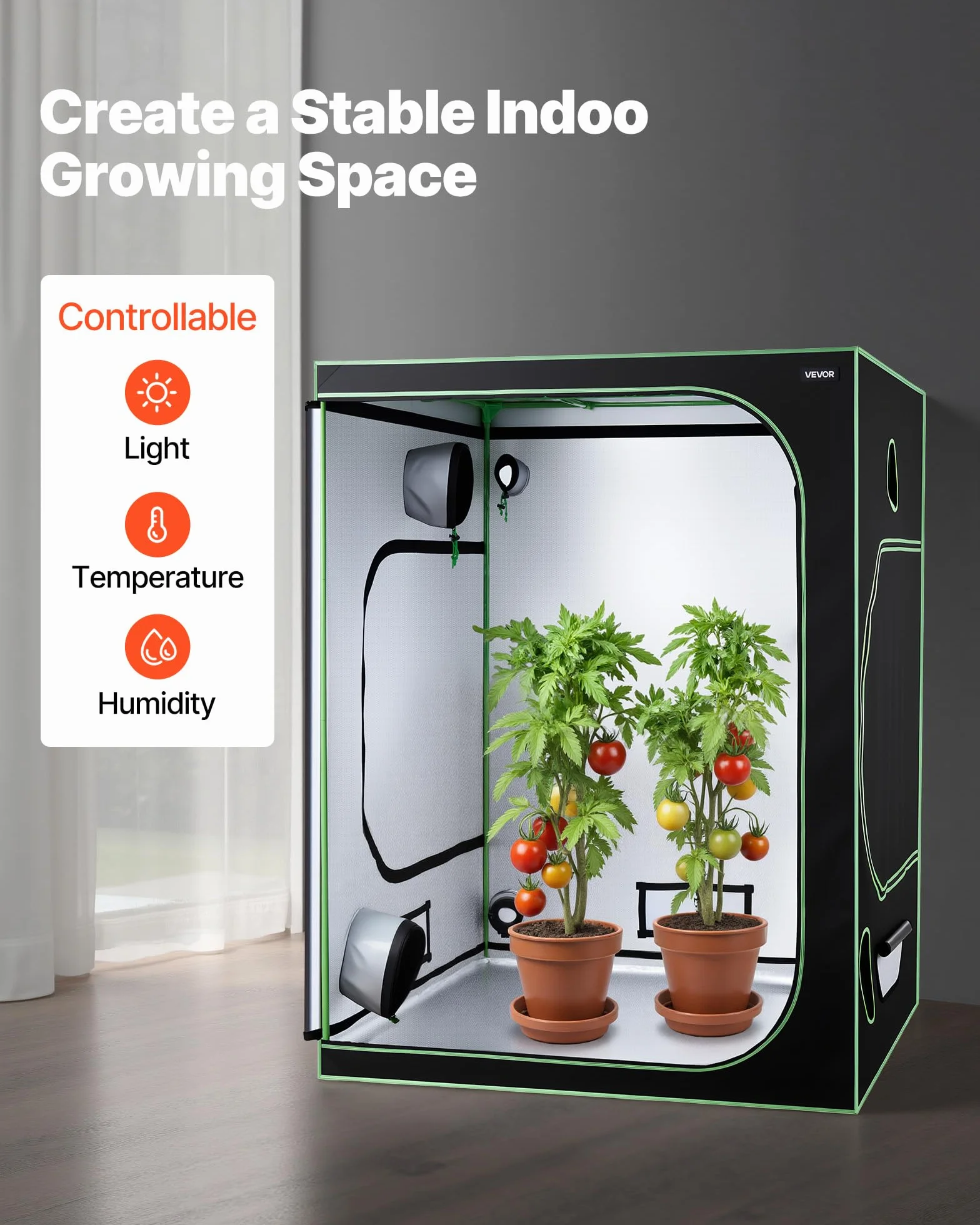 VEVOR Armario de Cultivo Interior 150x150x200 cm, Carpa de Cultivo con Ventana de Observación, Bandeja de Suelo y Cremallera, Mylar 600D de Alta Reflectancia, Tienda para Plantas, Flores, Verduras