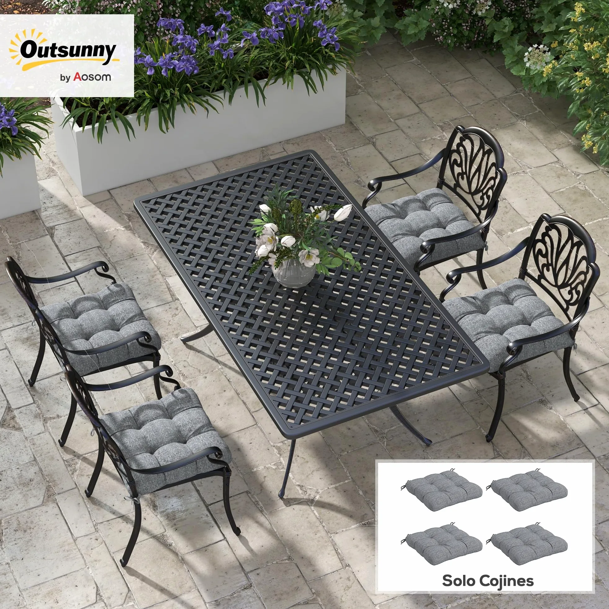 Outsunny Juego de 4 Cojines para Sillas de Comedor 48x48x10 cm Impermeable Anti-UV Gris