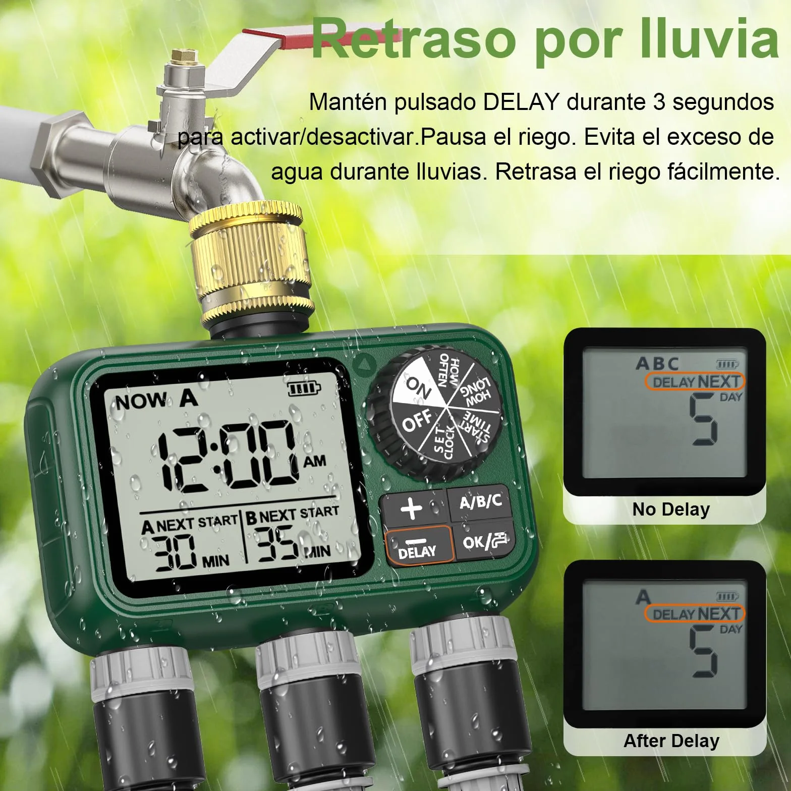 Programador Riego 3 Salidas con Entrada de Latón, Pantalla LCD Grande, Temporizador de Riego Automatico con Retraso por Lluvia, Riego Automático/Manual, Programador de Riego para Jardín Césped
