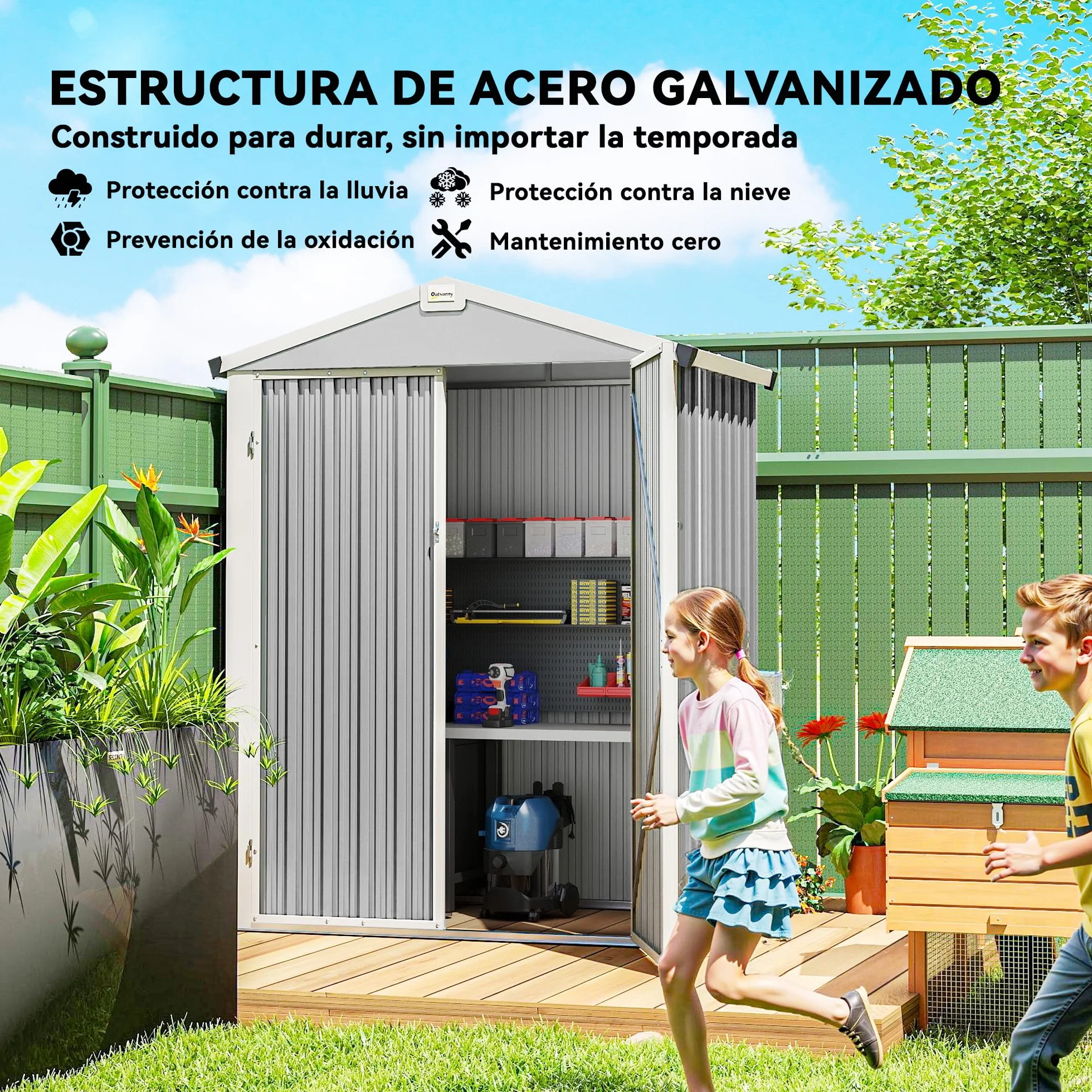 Outsunny Caseta de Jardín Exterior 1,1 m², 133x87x178 cm, Cobertizo Metálico con Puertas Abatibles Dobles, Techo a Dos Aguas y Guantes, Almacenaje de Herramientas y Bicicletas, Gris