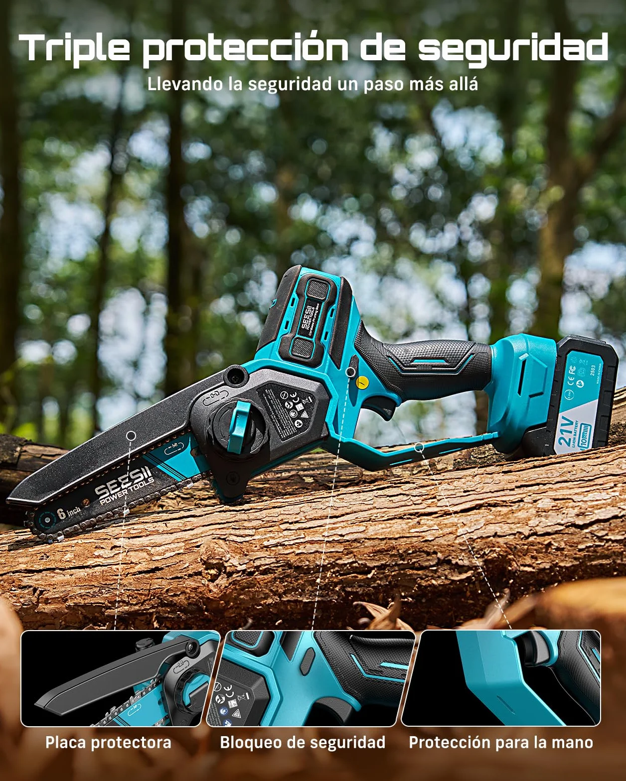 SEESII 6 & 8 Pulgadas Motosierra Bateria, 1000W Brushless, Mini Motosierra con 2*4000mAh Batería, Sierra Eléctrica para Podar con Lubricación Automática, Motosierras Pequeñas Árboles y Cortar Madera