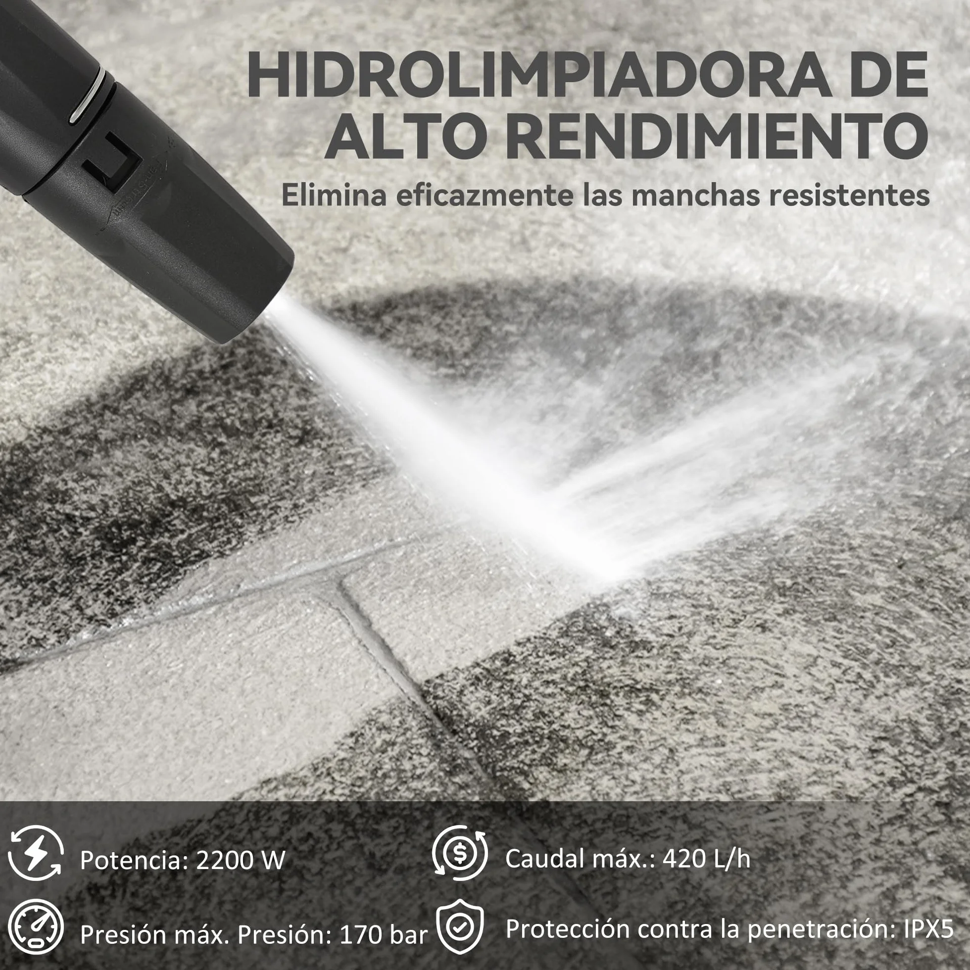 Outsunny Hidrolimpiadora de Alta Presión 2200W, Presión 170 Bar, Caudal 420 L/h, con Bomba de Aluminio, Parada Automática, Manguera de 6 m, Incluye Botella de Espuma y Boquilla Ajustable Verde y Negro