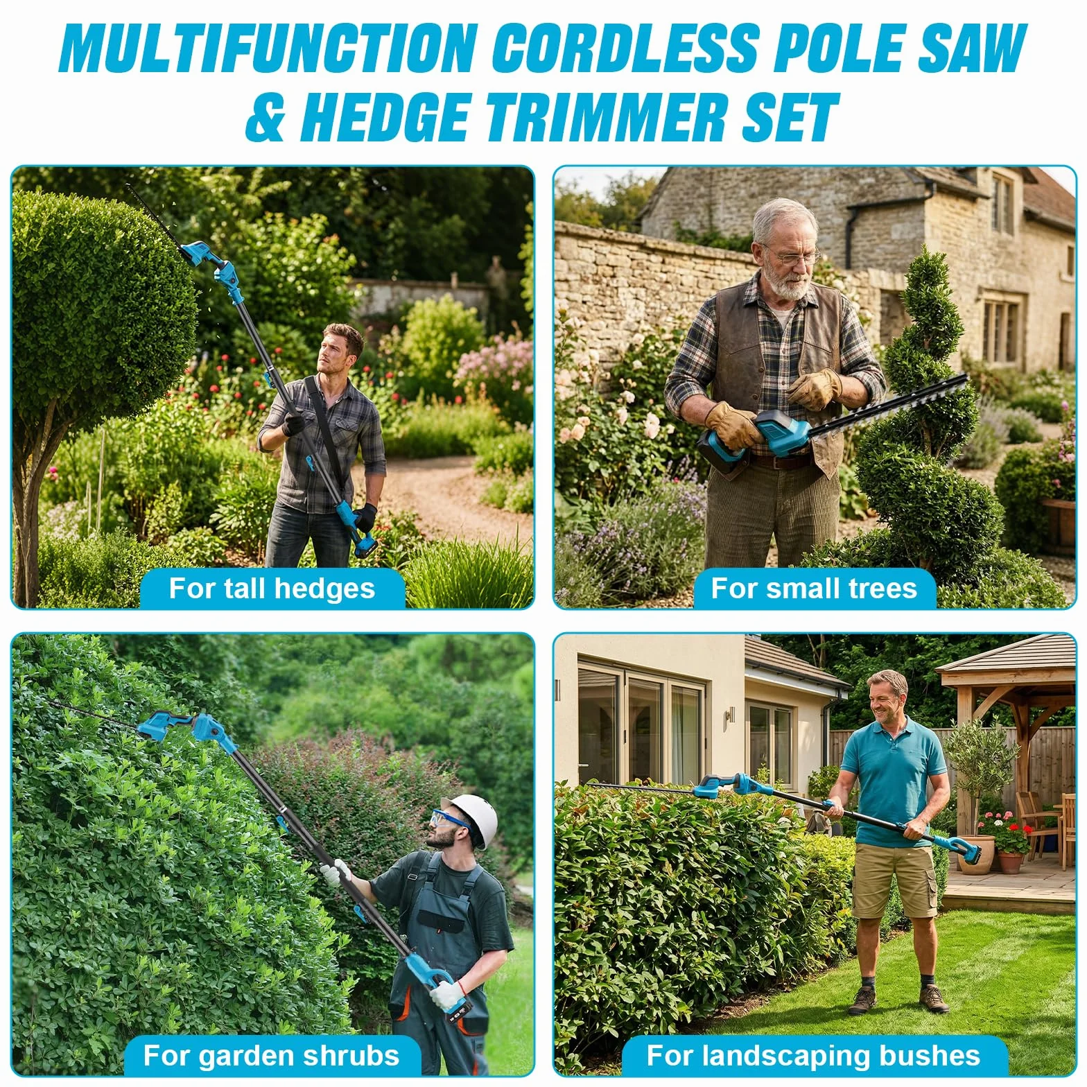 Cortasetos Telescópico Batería 2 en 1, Podadora Electrica Herramientas de Jardín con 2*4000 mAh Baterías Motor 550 W, Cortasetos 2,65M con Bandolera, Gafas, Guantes para Podar Arboles Patio de Jardín